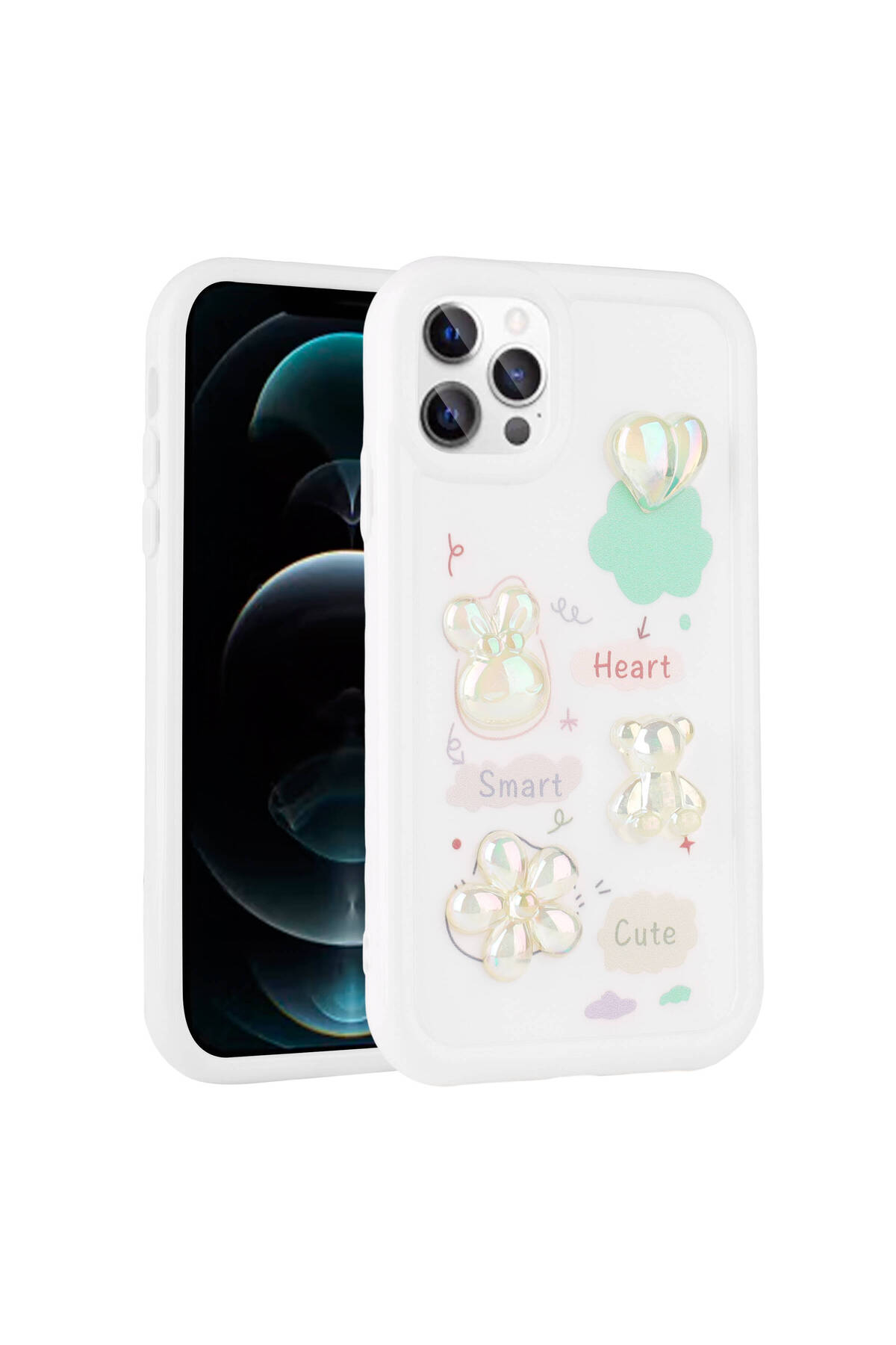 iPhone 13 Pro Max Uyumlu Kabartma Figürlü Parlak NXXA Toys Silikon Kılıf-Beyaz