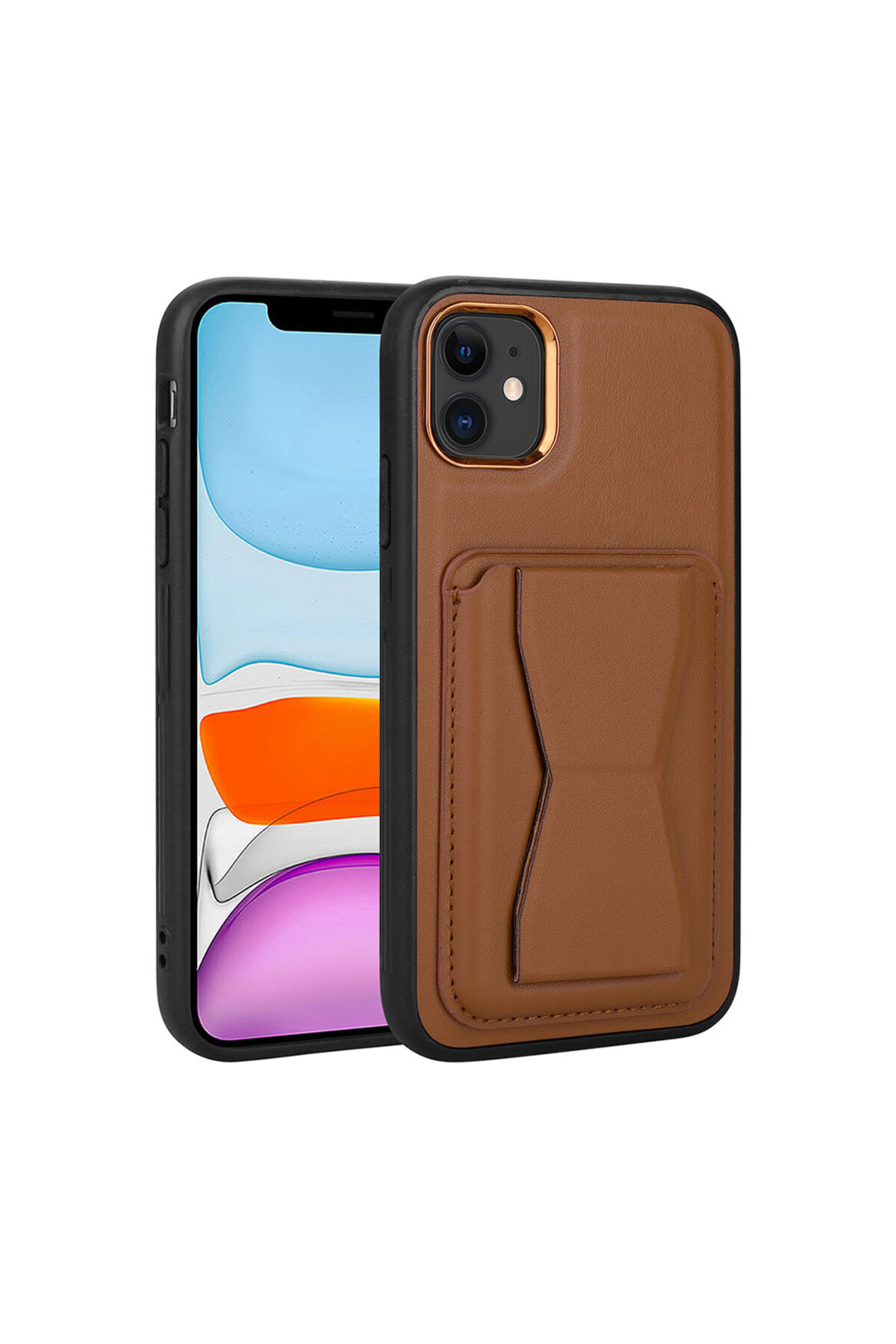 iPhone 11 Uyumlu Kartlıklı Standlı Pu Deri NXXA Memo Kılıf-Kahverengi