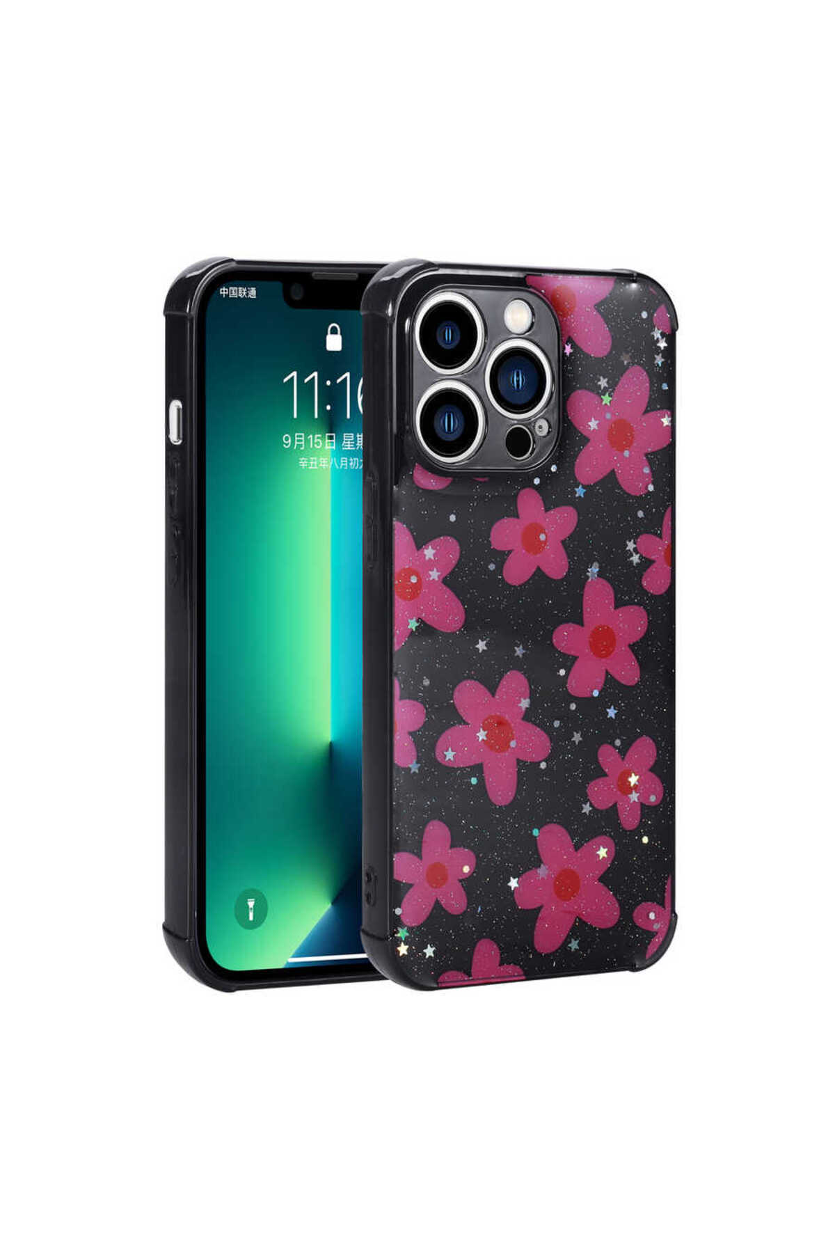 iPhone 12 Pro Max Uyumlu Simli Desenli Kamera Korumalı Parlak JoieCreatif Popy Kılıf-Çiçek