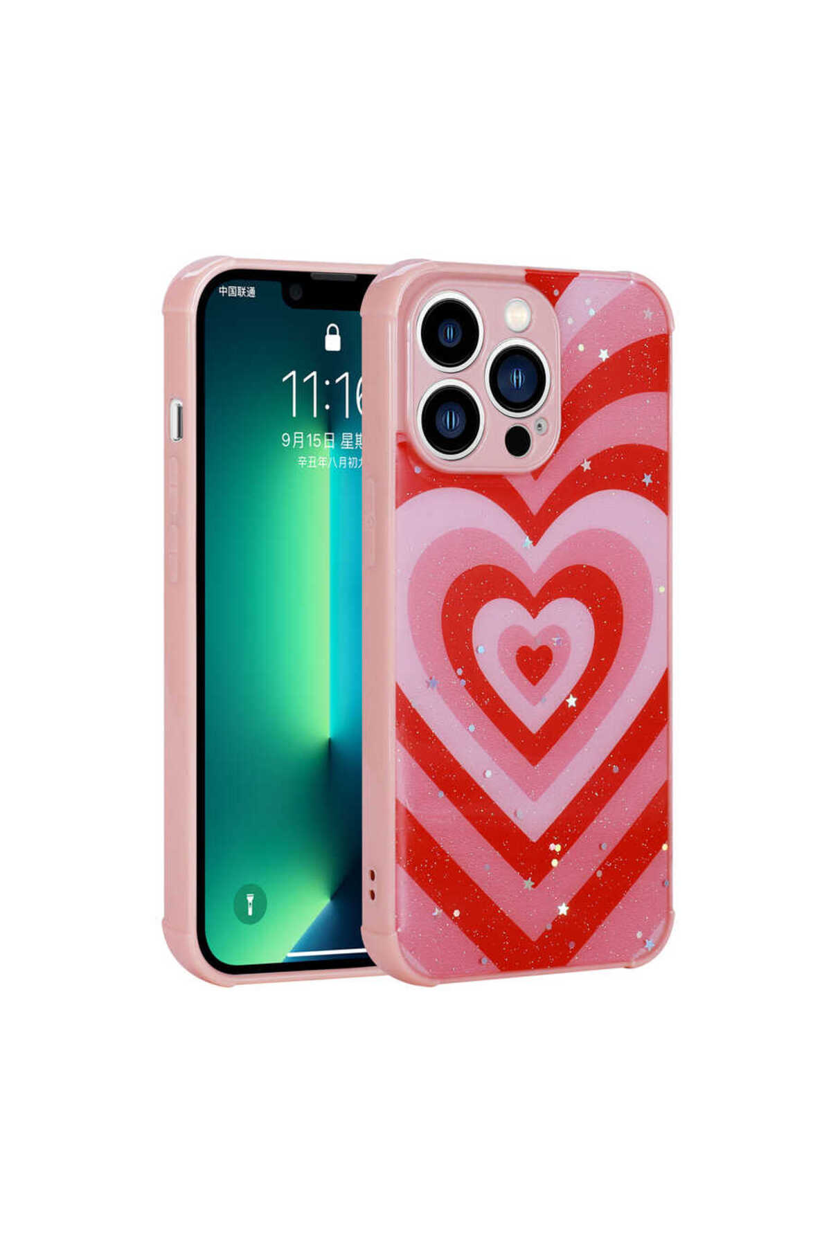 iPhone 12 Pro Uyumlu Simli Desenli Kamera Korumalı Parlak JoieCreatif Popy Kılıf-Kalp