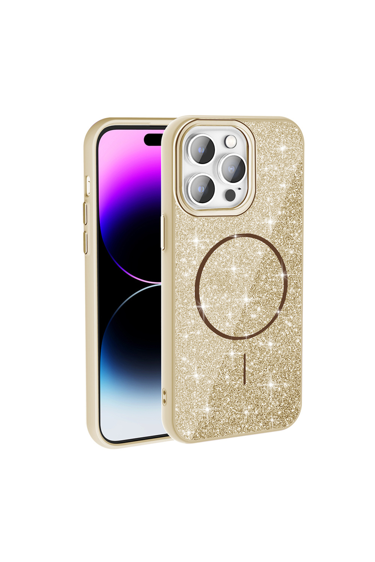 iPhone 14 Pro Max Kılıf Magsafe Şarj Özellikli Parlayan Simli JoieCreatif Okso Kapak - Gold