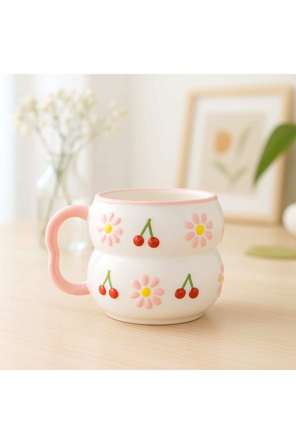 Layered Handle Pink Chamomile Cherry Custom embossed Fully Handmade Ceramic Mug