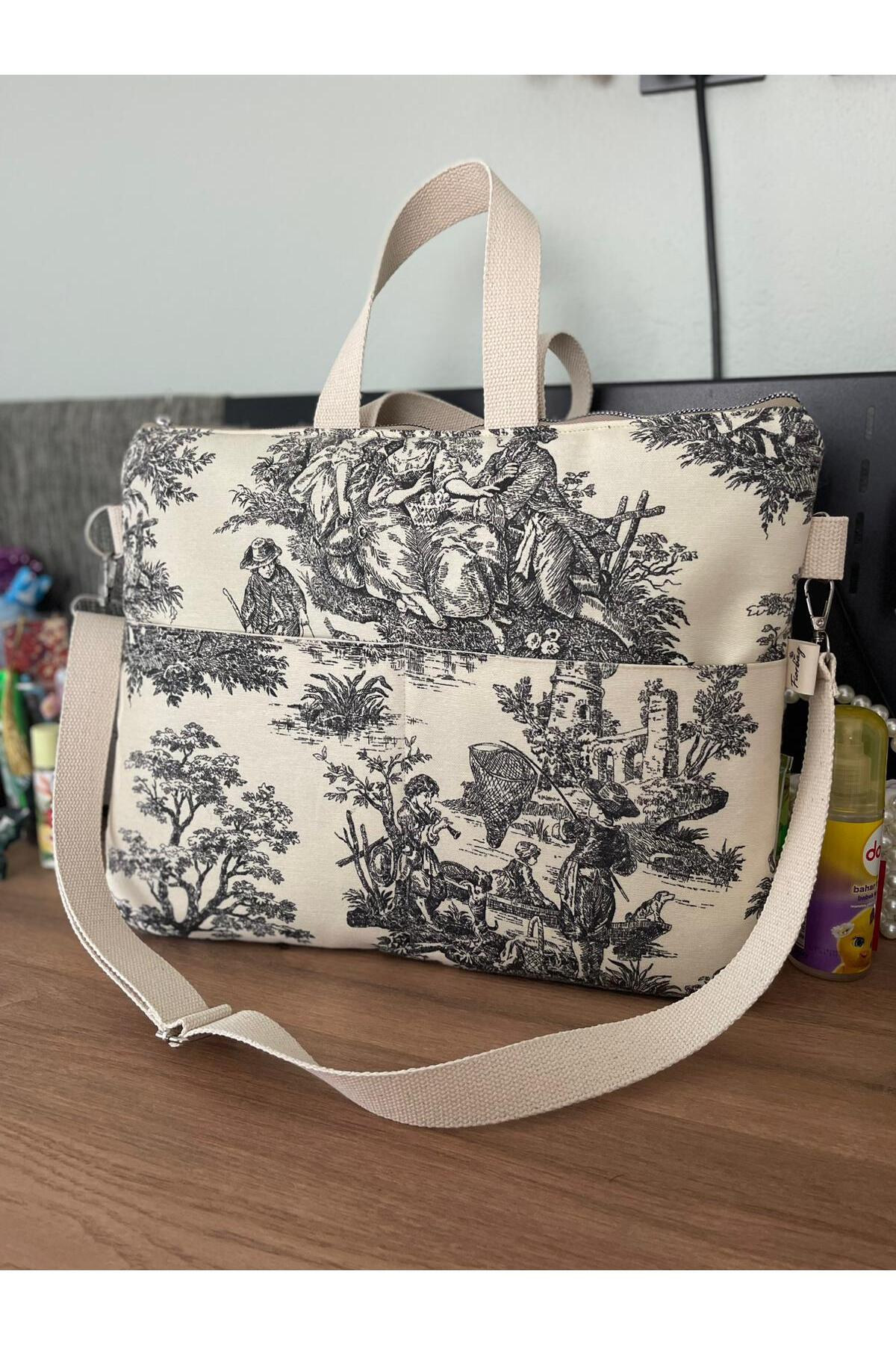 Fiorbag Toile de Jouy Desenli İnç Notebook Çantası - El Yapımı Kadın Kol Çantası Astarlı