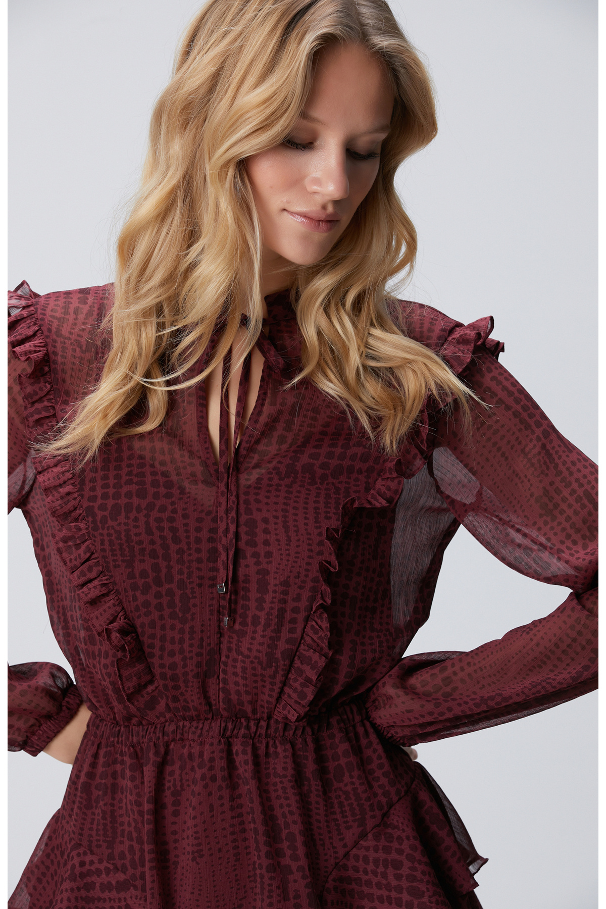 Network  Bordo Desenli Mini Elbise - Görsel 3