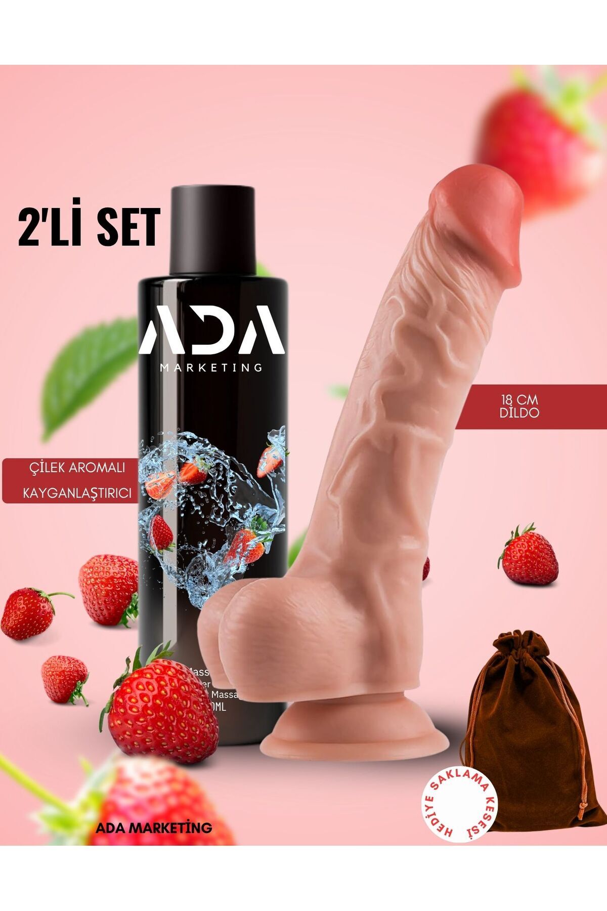 Ada Marketing 150 ml aromalı kayganlaştırıcı jel ve 18 cm yapay penis seti – gerçekçi doku & esnek yapı