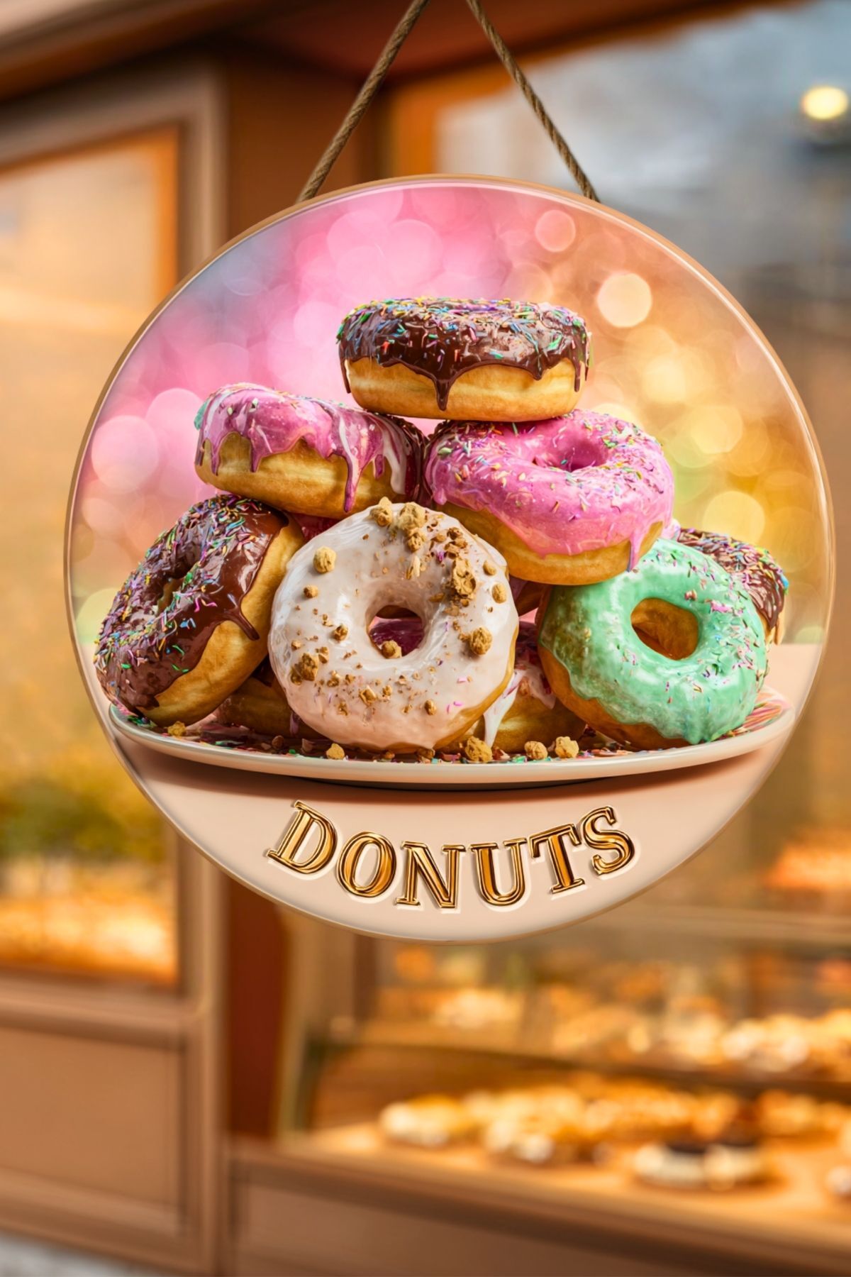Donut Themed Drawstring Wooden Door Wall Ornament, Patisserie, Dessert Shop, Cafe Table Decor, 30 x 50 cm