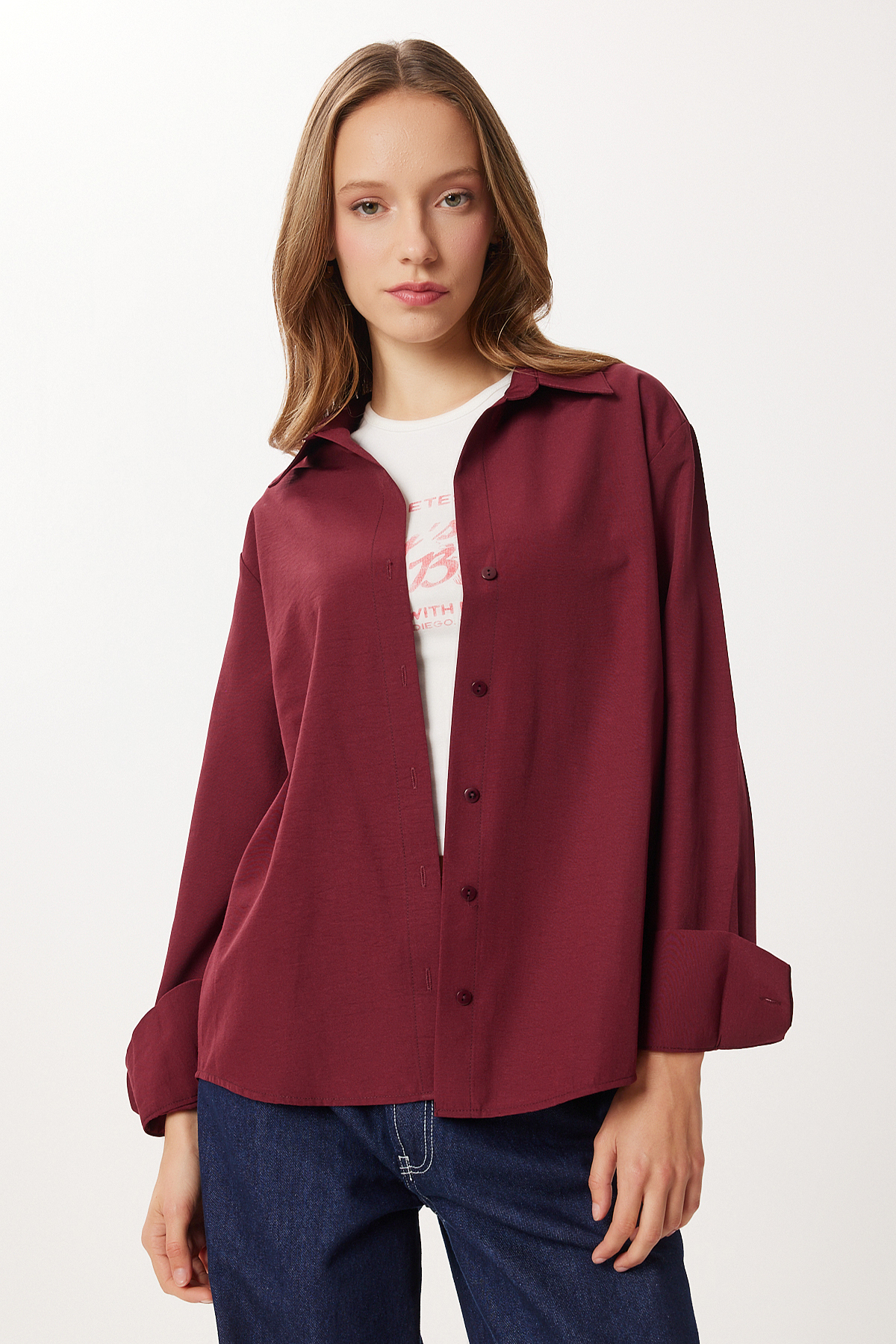 Lovelyİstanbul  Basic Dokuma Gömlek LUB0299 BORDO - Görsel 2