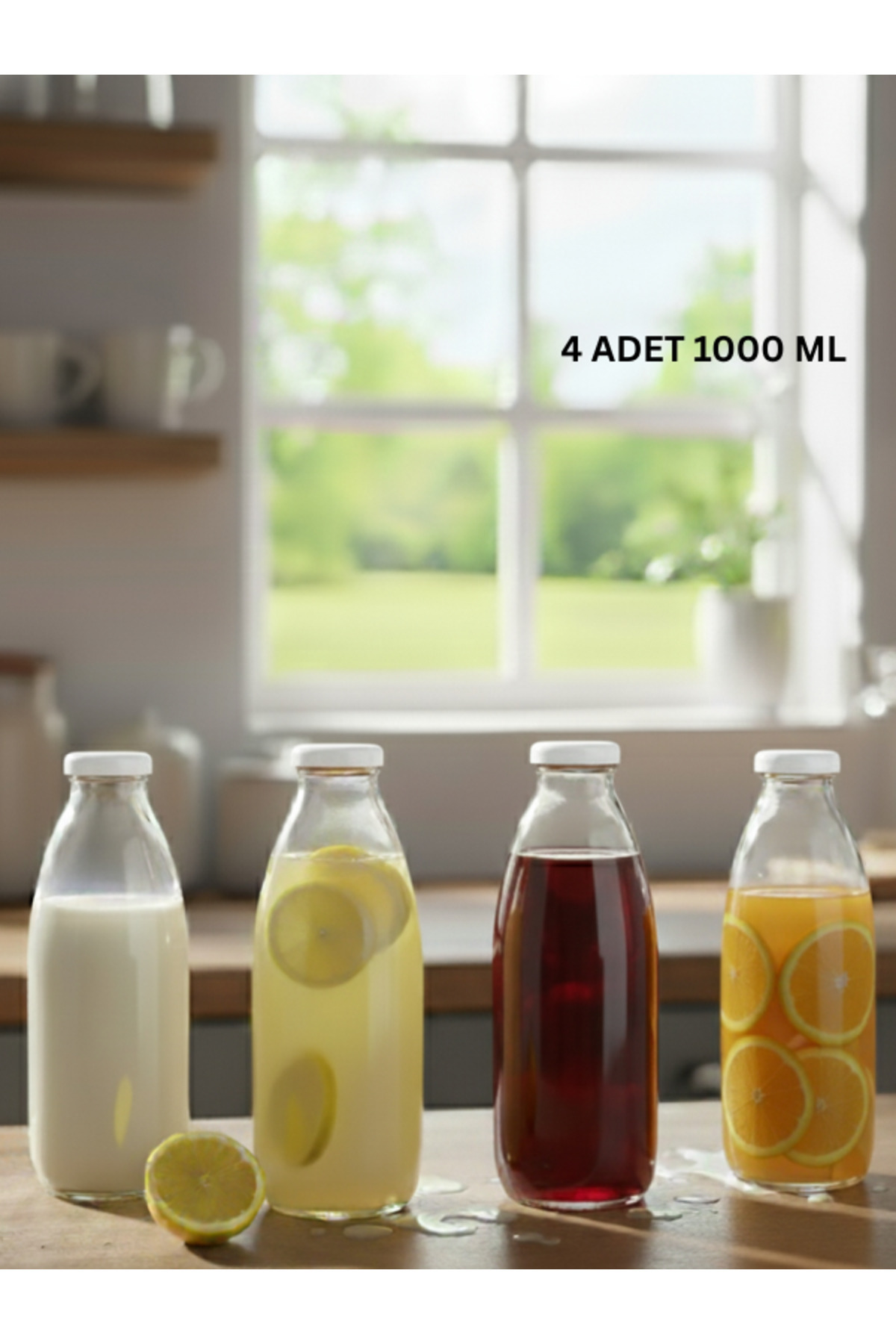 Milea 4 ADET Sürahi Süt, Ayran,Limonata, Meşrubat Şişesi Beyaz Plastik Kapaklı 1000 ml Şeffaf Cam Şişe