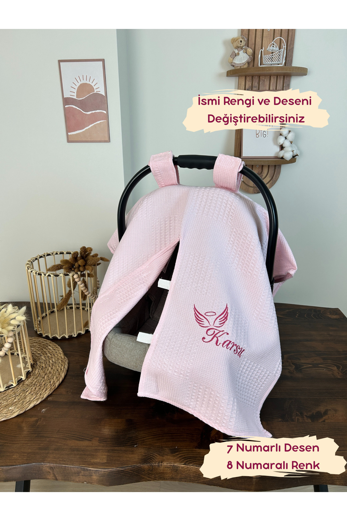 KARSU TASARIM İsimli Pembe Puset Örtüsü Nakış İşlemeli %100 Pamuk Çok Amaçlı Waffle Pike Kumaş fotoğrafı 2 (önizleme)