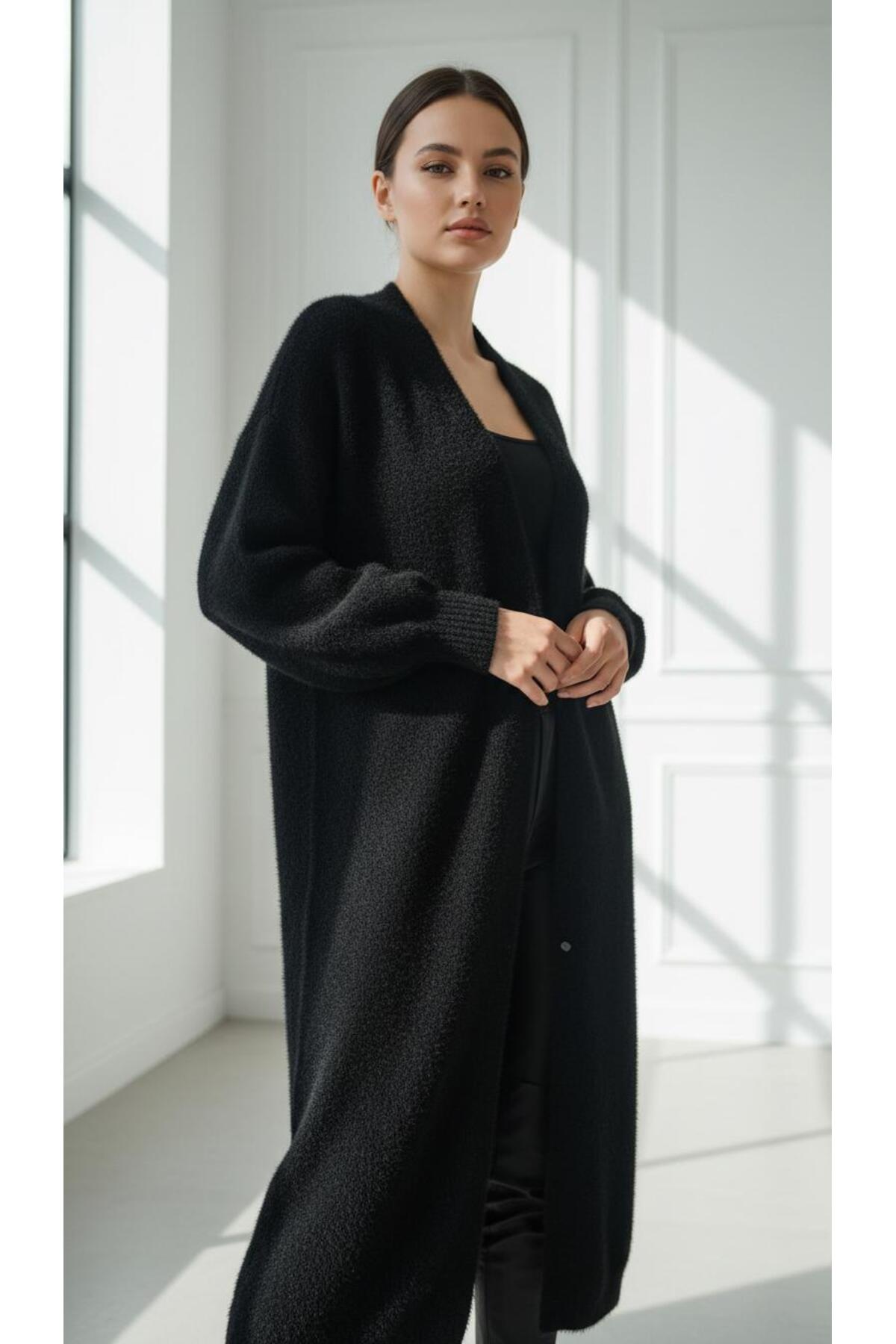 AYMİSS  MODA UZUN SİYAH HIRKA - Görsel 2