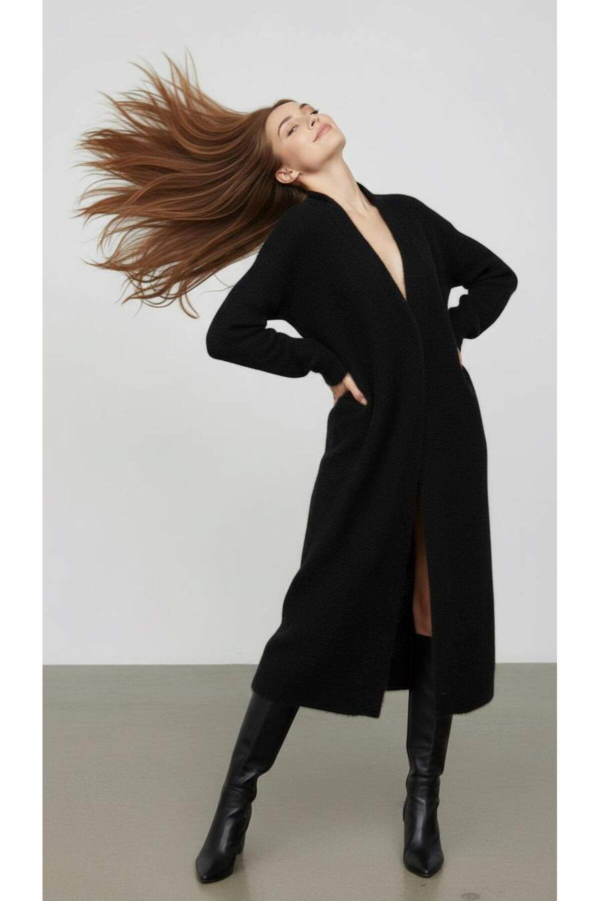 AYMİSS  MODA UZUN SİYAH HIRKA - Görsel 5