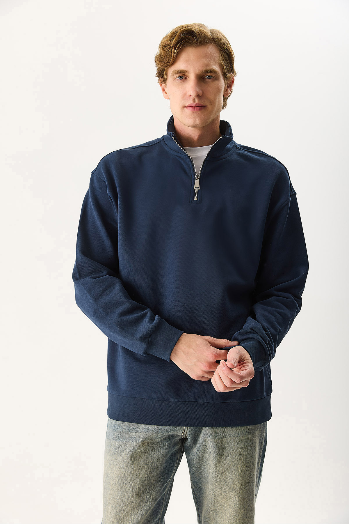 VENA  Erkek Bruce Dik Yaka Yarım Fermuarlı Sweatshirt %100 Pamuk - Lacivert - Görsel 5