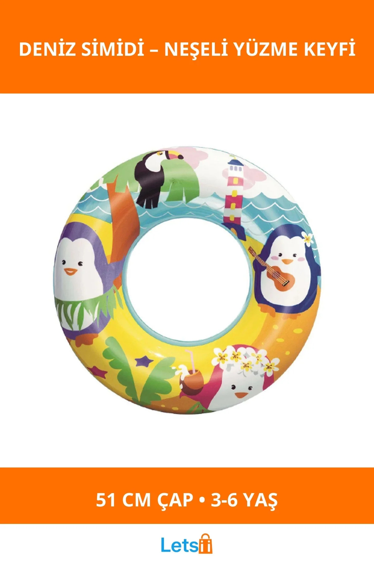 Letsii Sevimli Hayvanlar Desenli Çocuk Deniz Simidi 51 cm 3 6 Yaş