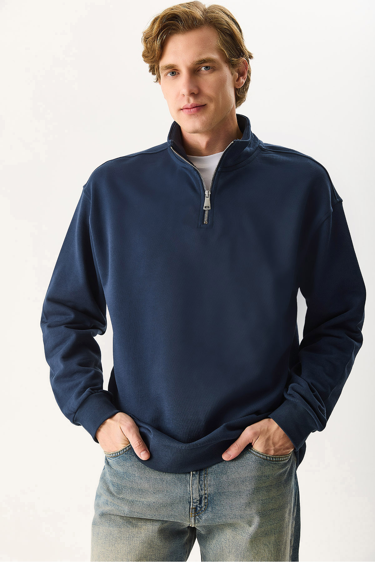 VENA  Erkek Bruce Dik Yaka Yarım Fermuarlı Sweatshirt %100 Pamuk - Lacivert - Görsel 6