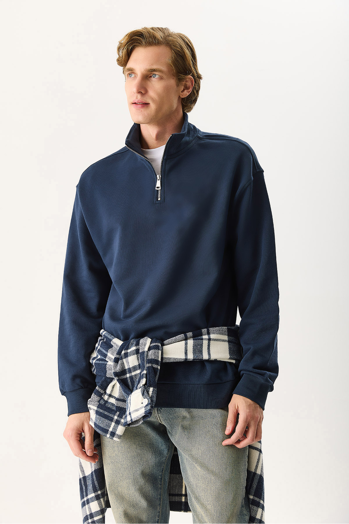 VENA  Erkek Bruce Dik Yaka Yarım Fermuarlı Sweatshirt %100 Pamuk - Lacivert - Görsel 2