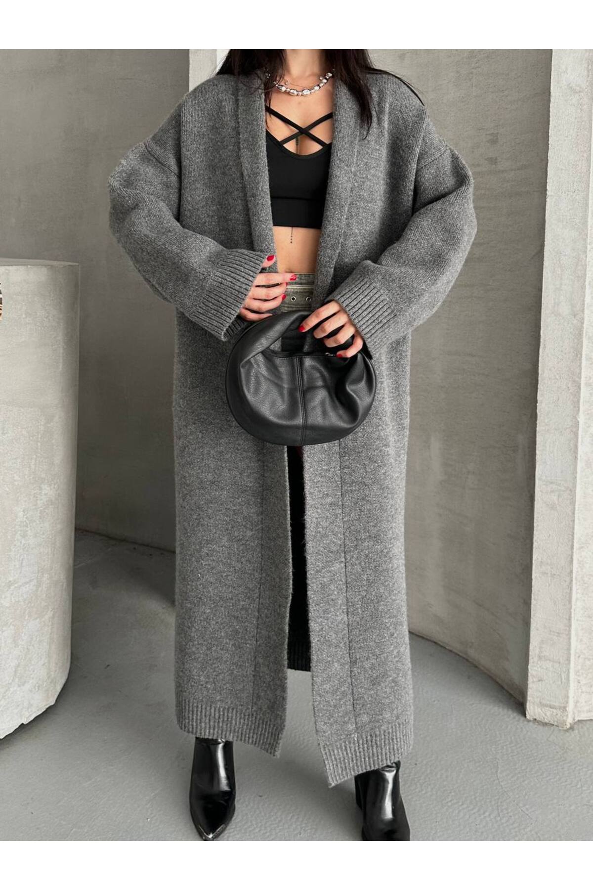 Koçer Triko  Kadın Antrasit Şal Yaka Uzun Triko Hırka | Oversize & Rahat Model - Görsel 7