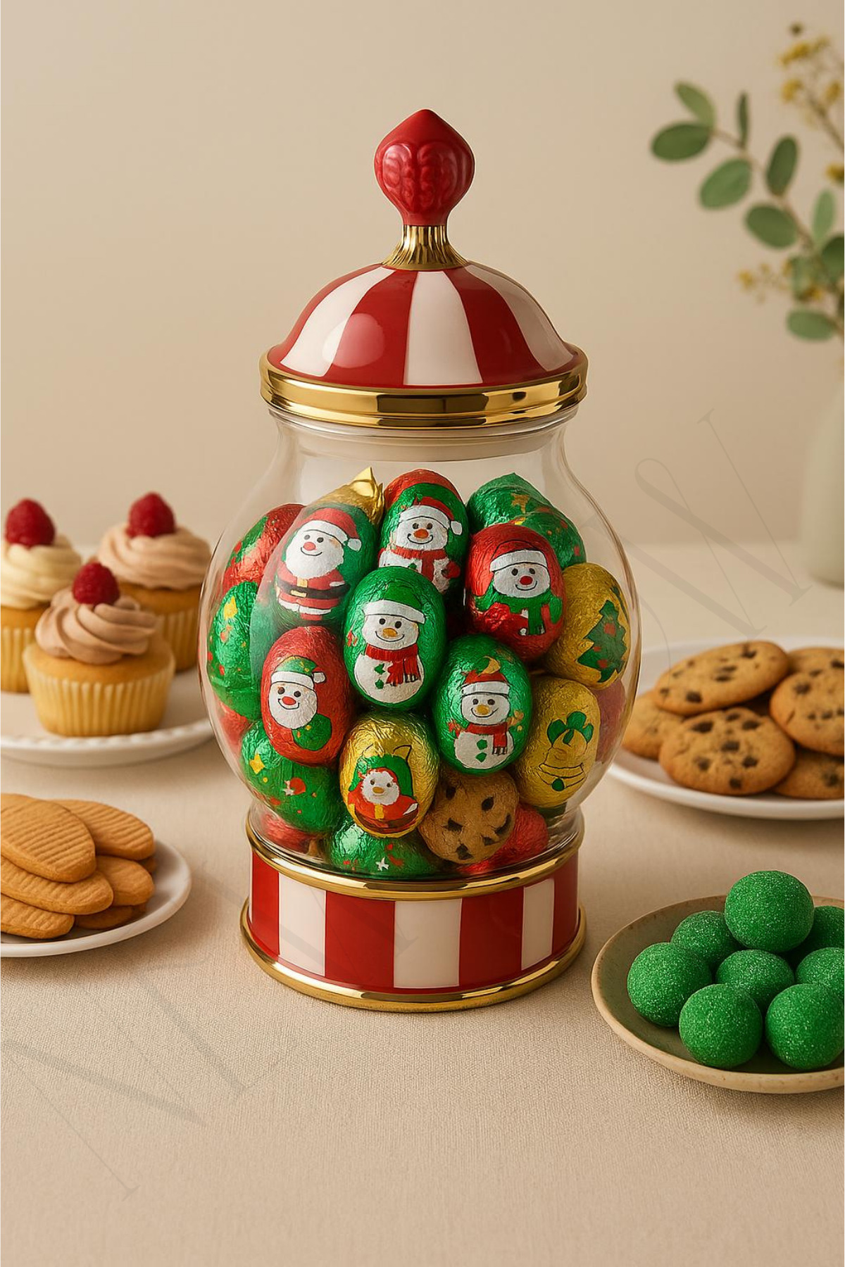 NEWNOW Candy Mega Porselen Şekerlik, Bombeli Drajelik, Kurabiye Kavanozu – Porselen, Altın Detaylı 28 cm