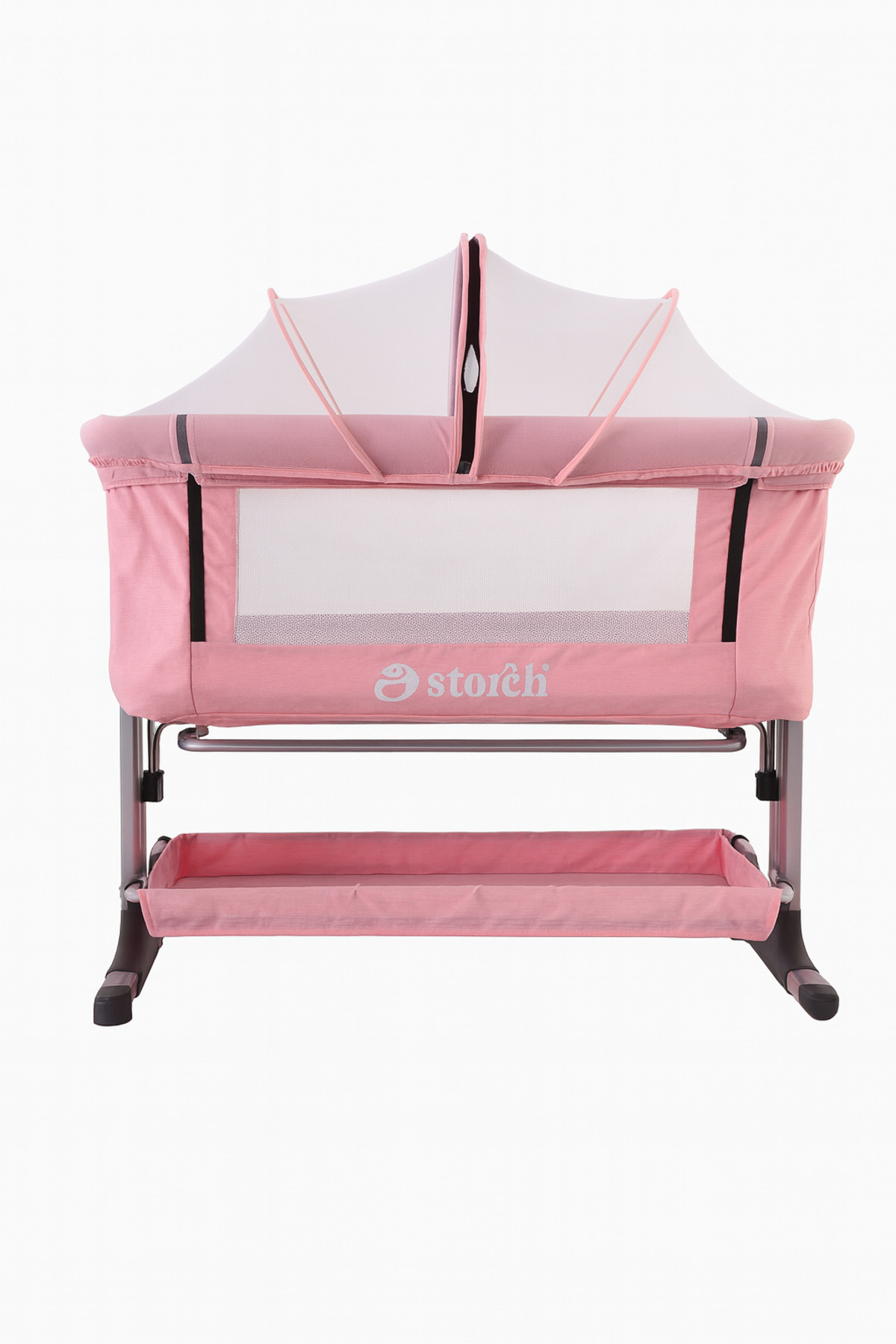 baby storch designed for your baby Baby Storch - Sallanabilir Anne Yanı Portatif Beşik - Yükseklik Ayarlı, Cibinlik Ve Tekerlekli-Pembe