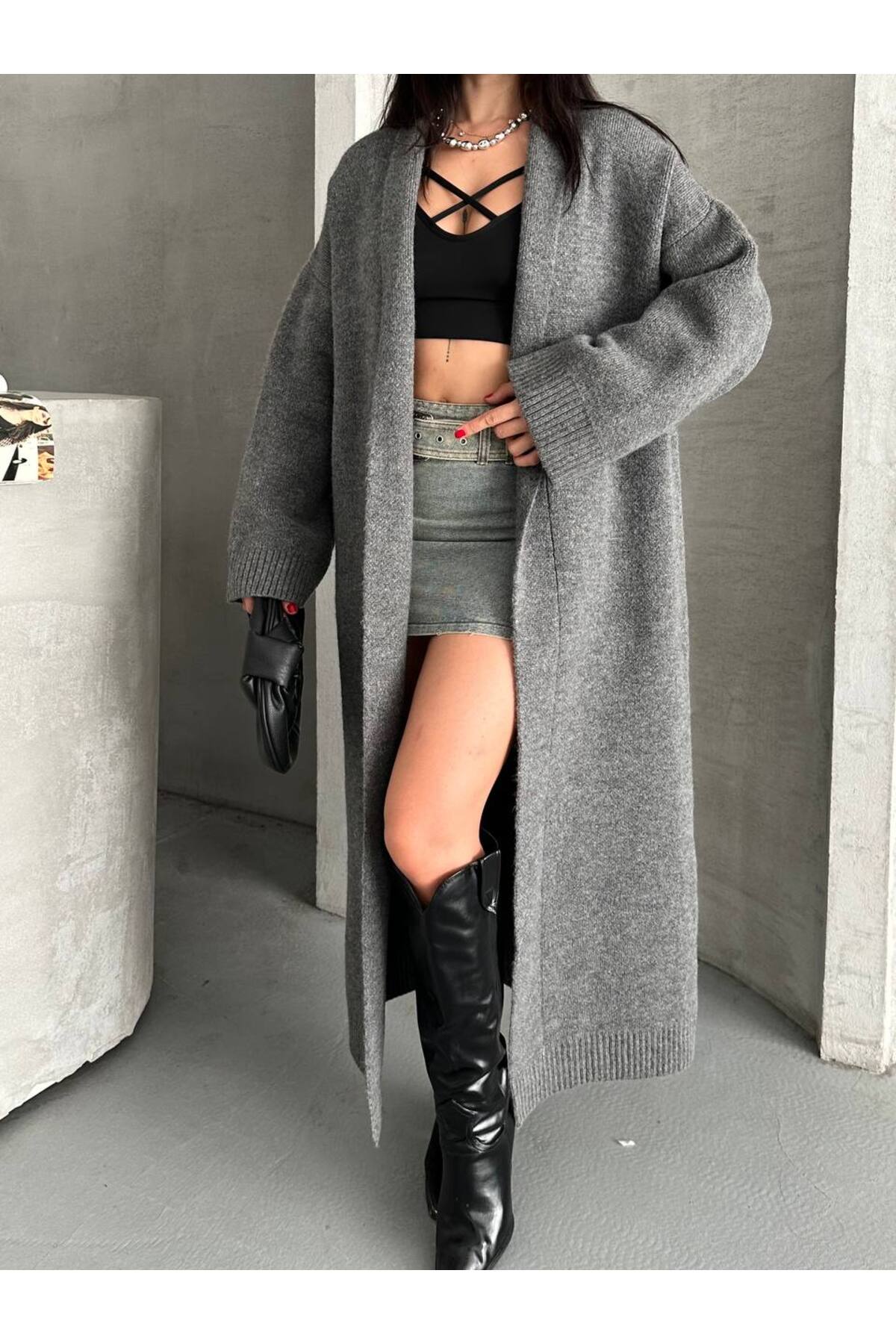 Koçer Triko  Kadın Antrasit Şal Yaka Uzun Triko Hırka | Oversize & Rahat Model