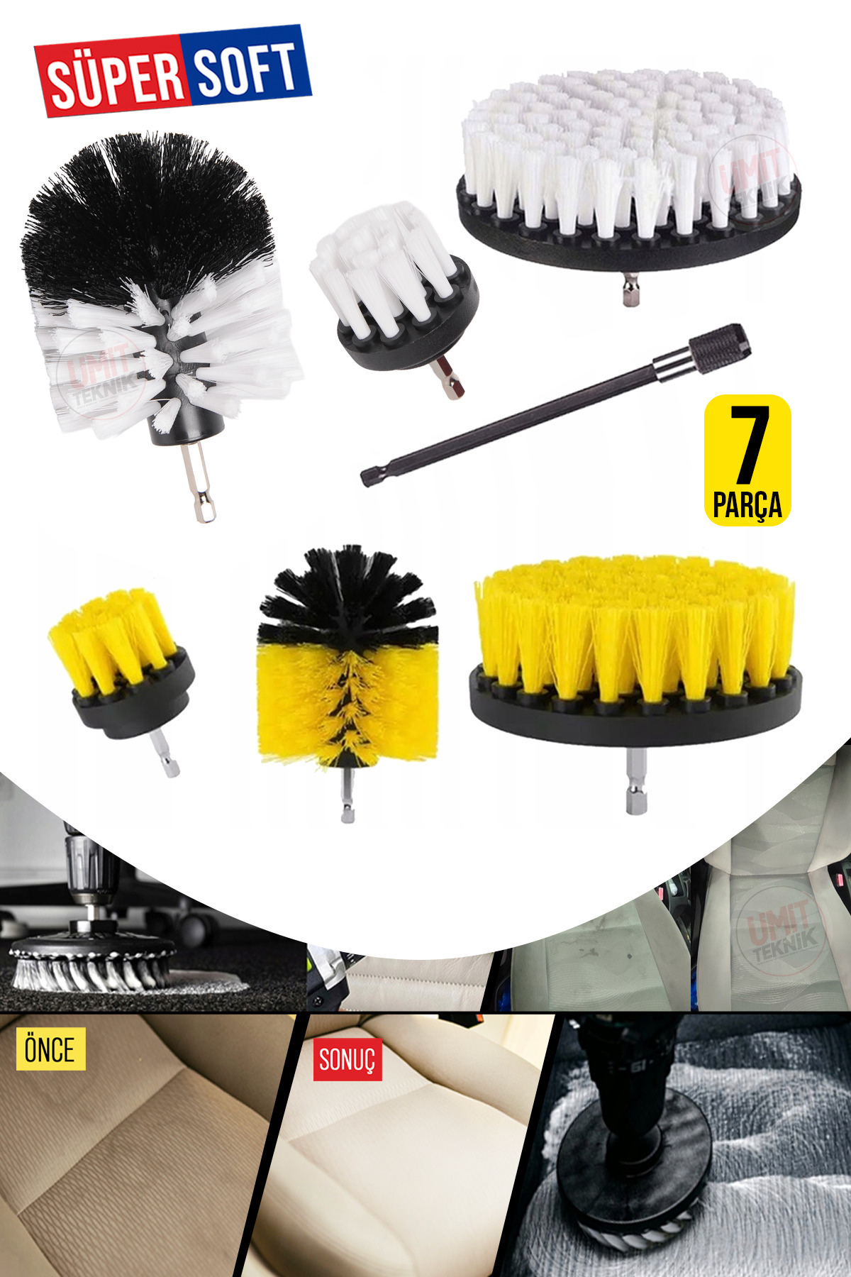 PROXTECH Matkap Uyumlu 7 Parça SüperSoft Fırça Seti | Araç Koltuk, Halı ve Paspas Temizliği Profesyonel Takım