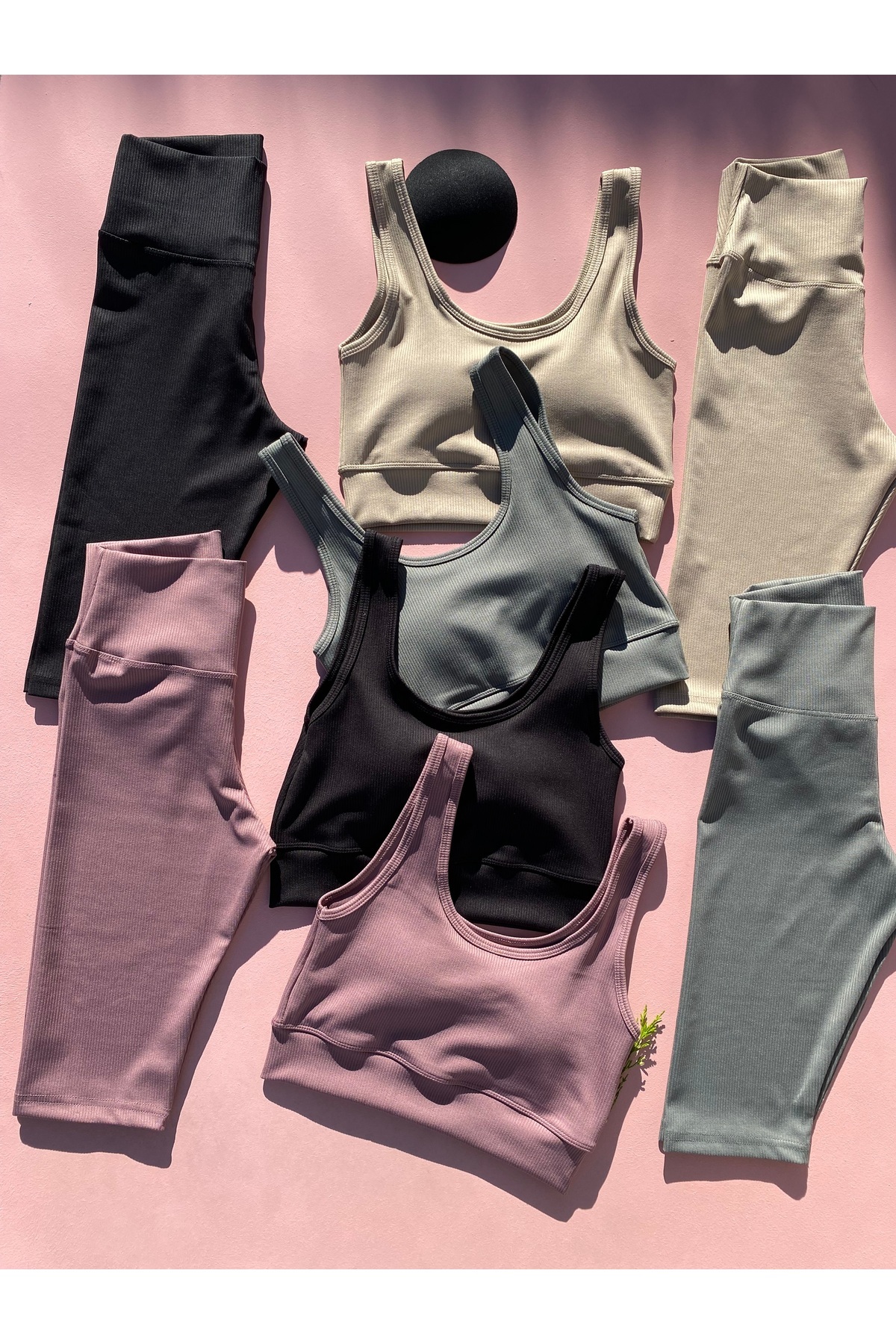LEYNA BUTİK Yüksek Bel Toparlayıcı Fitilli Dizüstü 4'lü Yeşil, Siyah, Taşgri, Mürdüm Spor Tayt Pedli Crop Takım