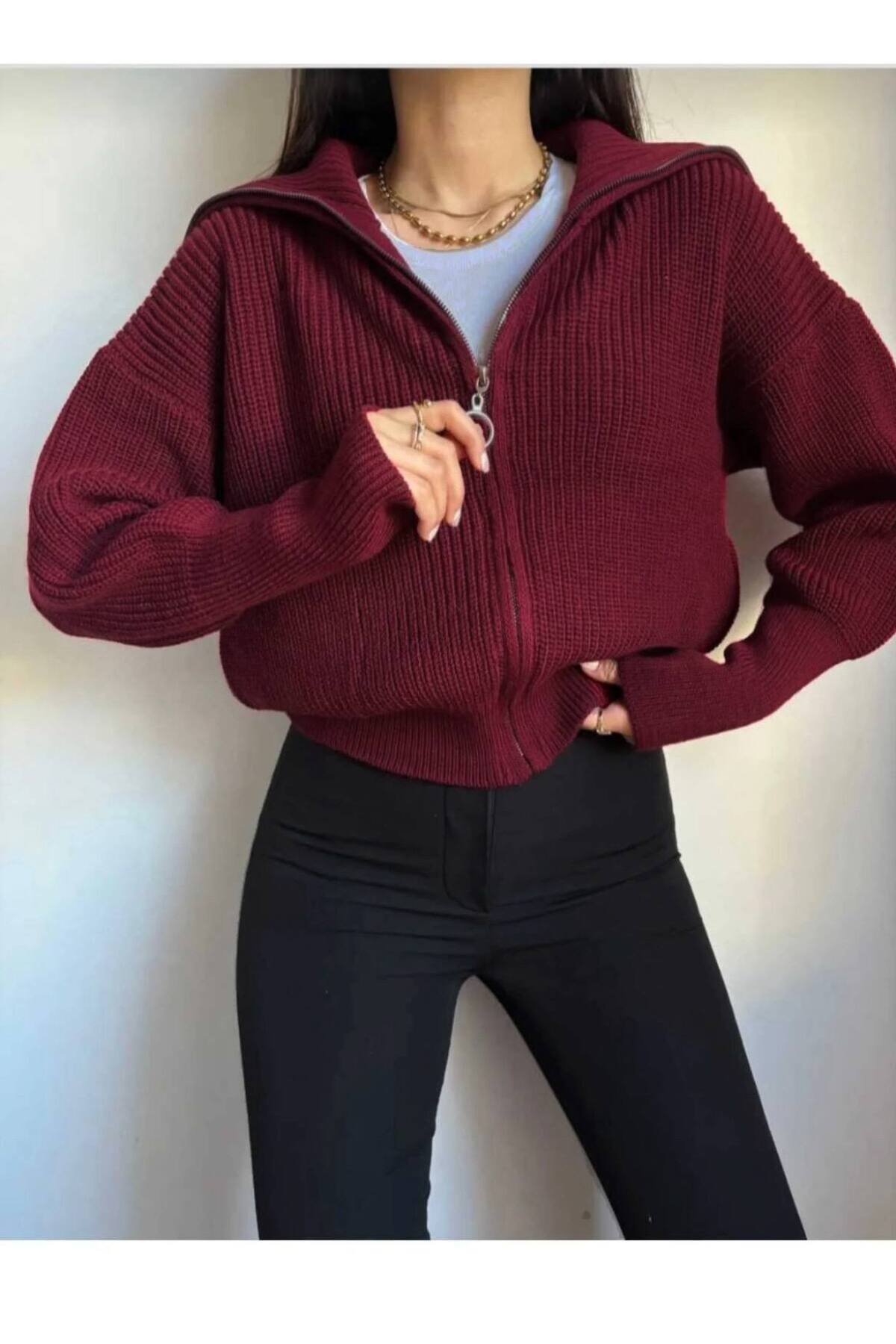 Nopen Knitwear Kadın Bordo Devrik Yaka Fermuarlı Triko Hırka