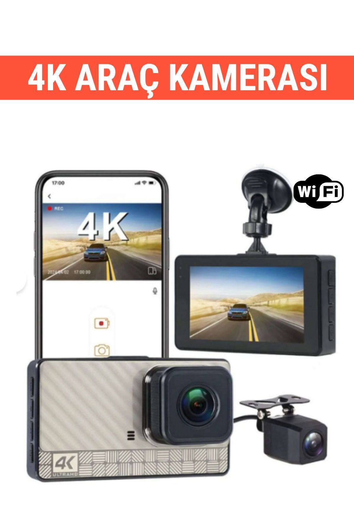 WUNİT 4K Dash Cam Full Hd WİFİ Araç içi Kamera Ön Ve Arka Kamera Kayıt Gece Görüşlü G Sensör Geniş Açı SD