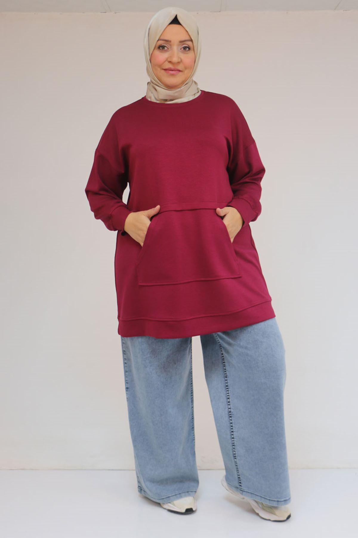 Eslina 58133 Büyük Beden Kanguru Cepli Modal Tunik - Bordo