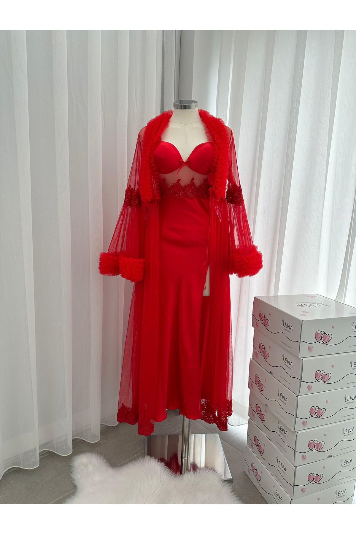 Lena Homewears Lena Red Tül Uzun Sabahlıklı Uzun Saten Gecelik İkili Özel Gelin Seti (Kutulu)