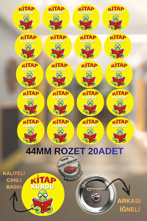 tuse rozet dükkanı Kitap Kurdu– 44mm Buton Rozet, 20 Adet İğneli Buton Rozet