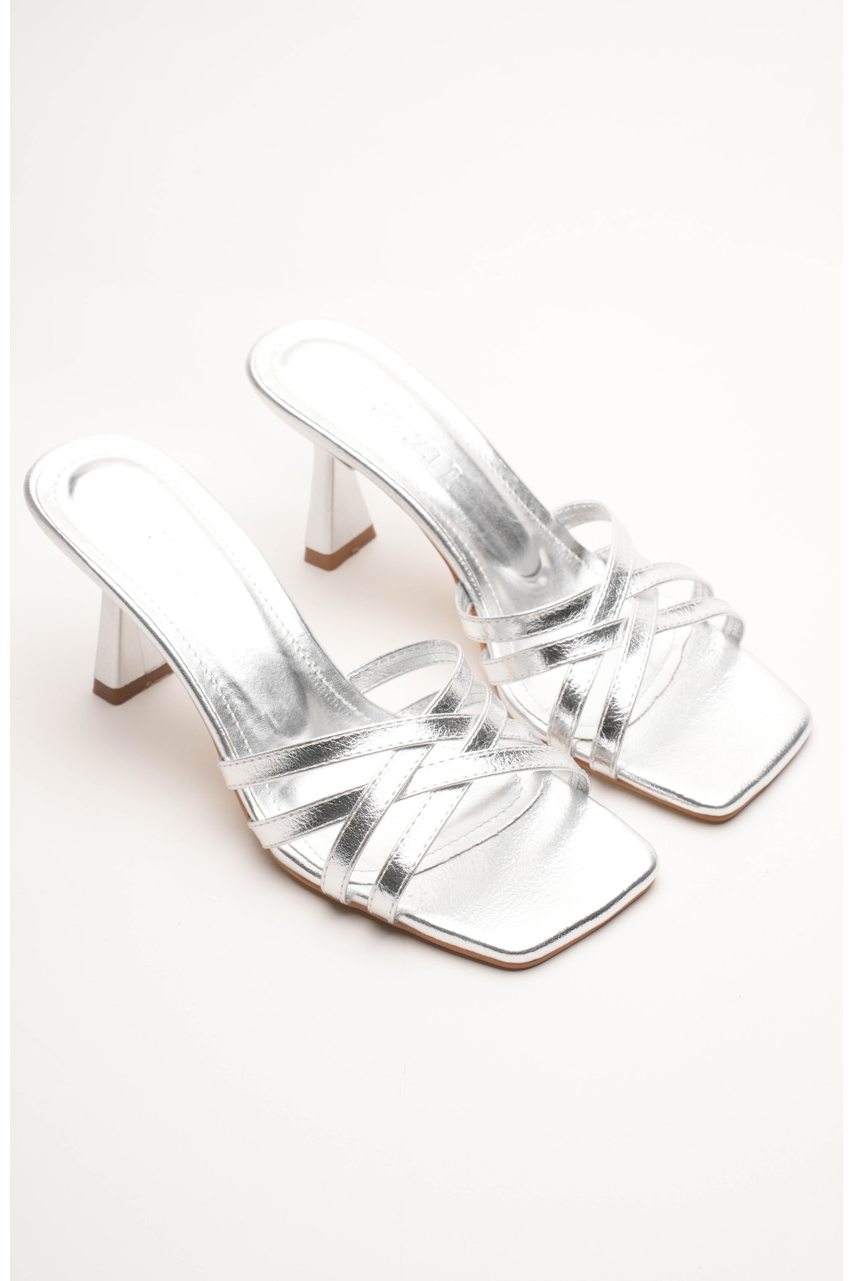 Women's Striped Design Heeled Slippers Core Silver