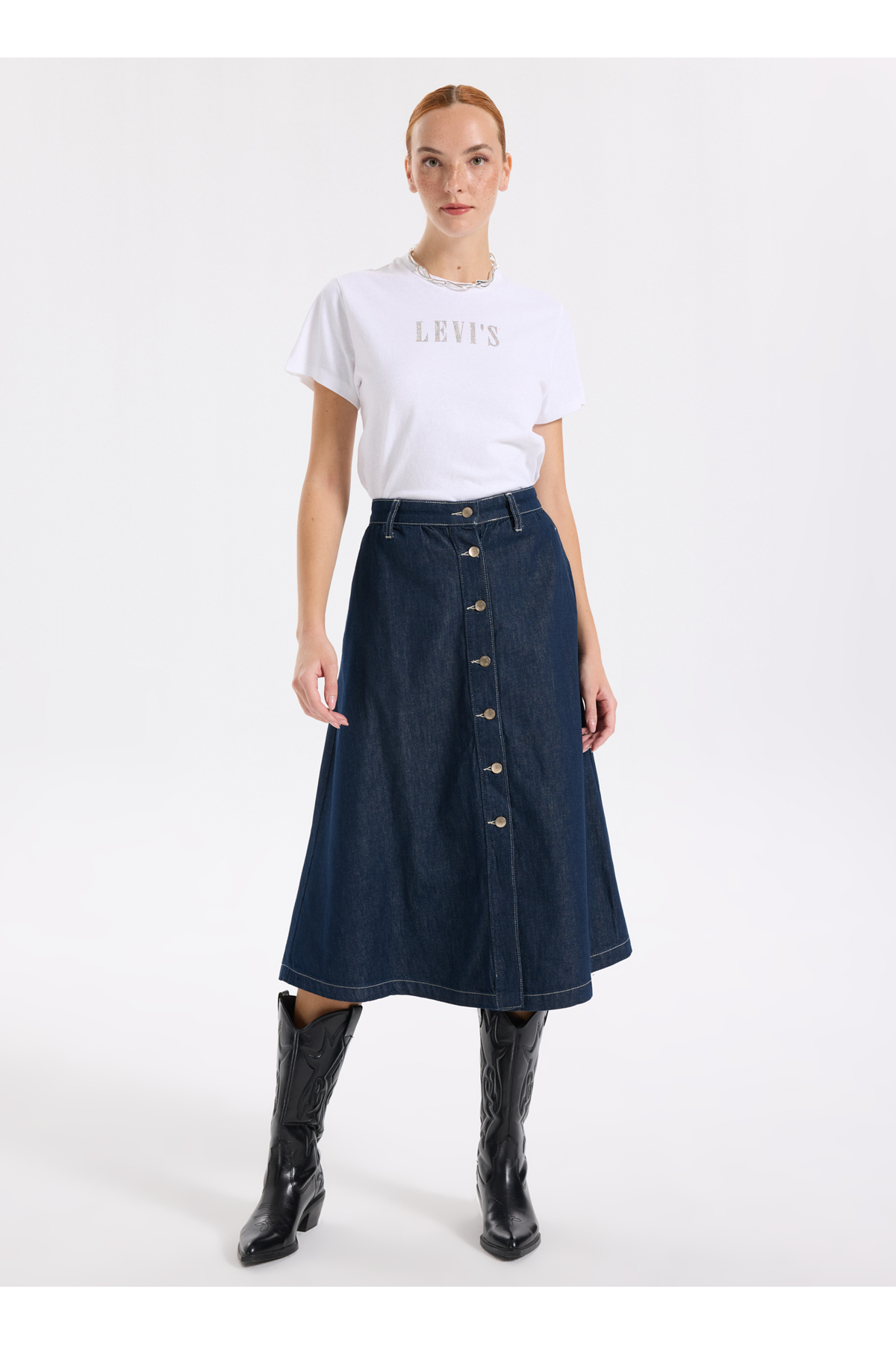 لی کوپر دامن میدی راسته زنانه کمر معمولی سرمه‌ای تیره، کد ۲۶۱ LCF 126003 MAX DENIM