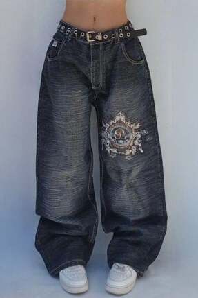 Karakedi Baggy Siyah Yıkamalı P Patch Ön Nakış ve Arka Cep Nakış Denim Pantolon