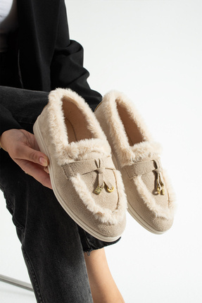 Moda Devrin Bej Kışlık Peluş Loafer Babet Ayakkabı (Kaymaya Karşı Dirençli)
