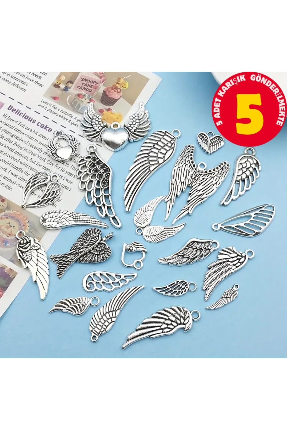 Feron Aksesuar 5 Adet Karışık Melek Kanadı Metal Kolye Ucu Charm Seti CRM104
