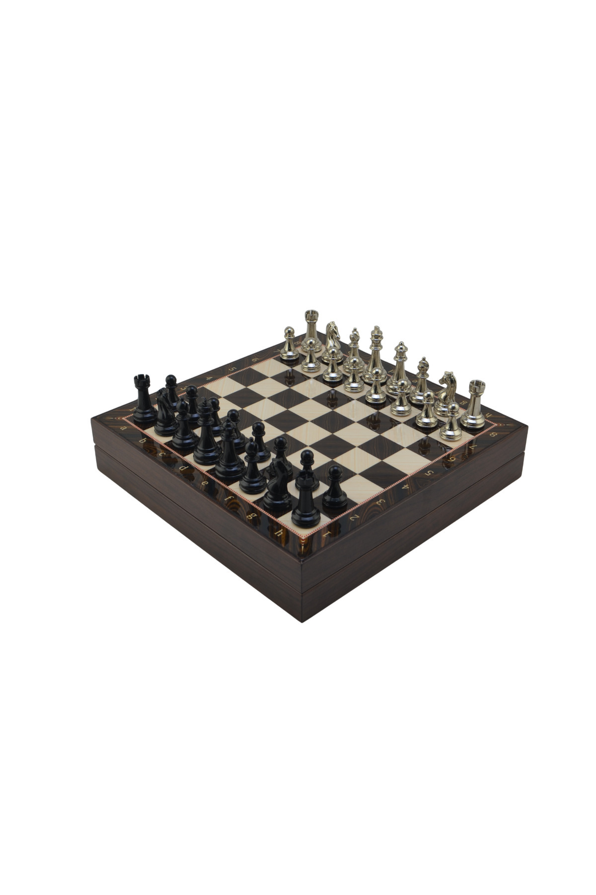 Gift Home GiftHome Orta Boy Premium Black Metal Klasik Satranç Takımı ve Ceviz Desenli Sandıklı MDF Tahtası (3