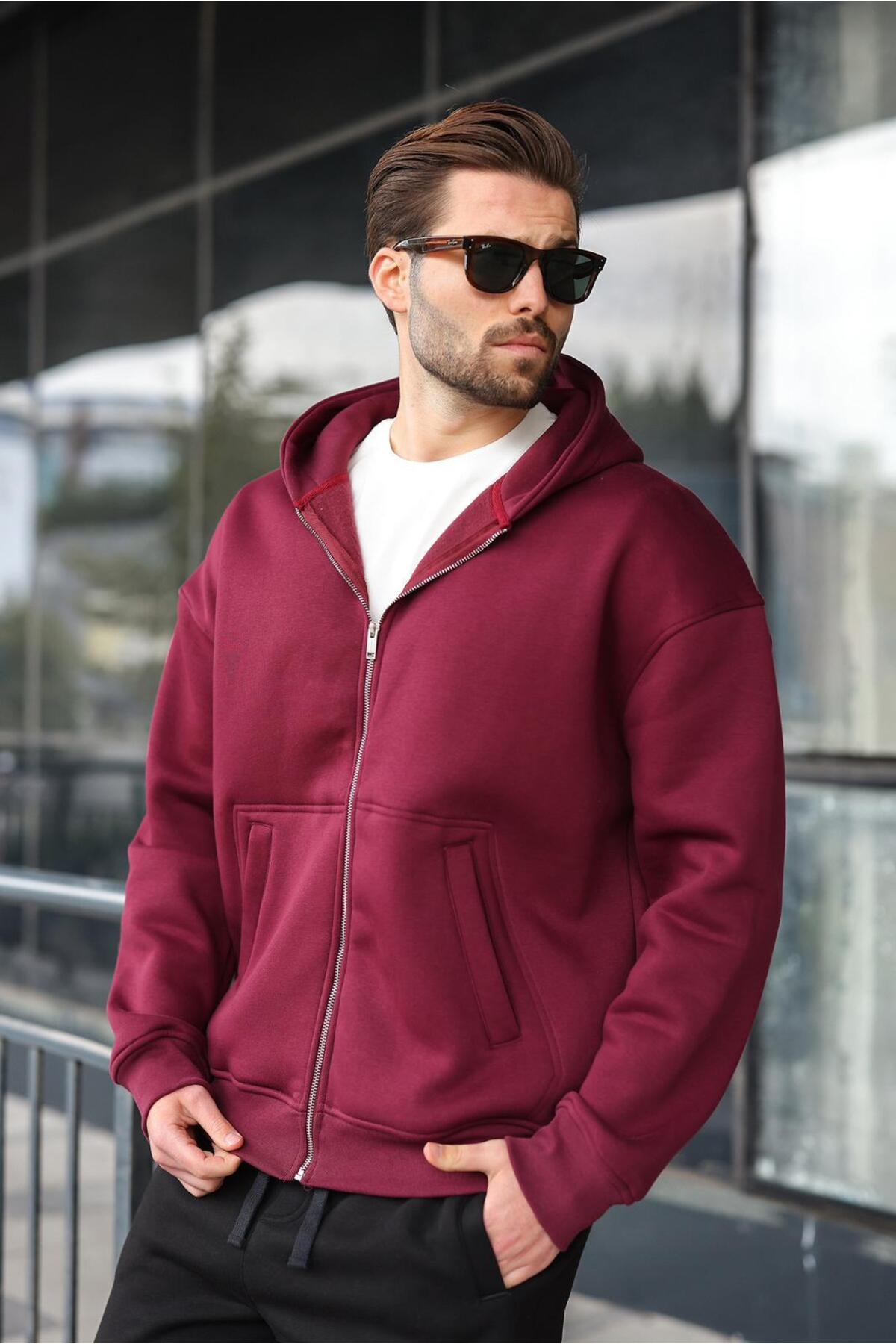 Madmext Bordo Fermuarlı Kapüşonlu Erkek Hırka E7174 görsel 4