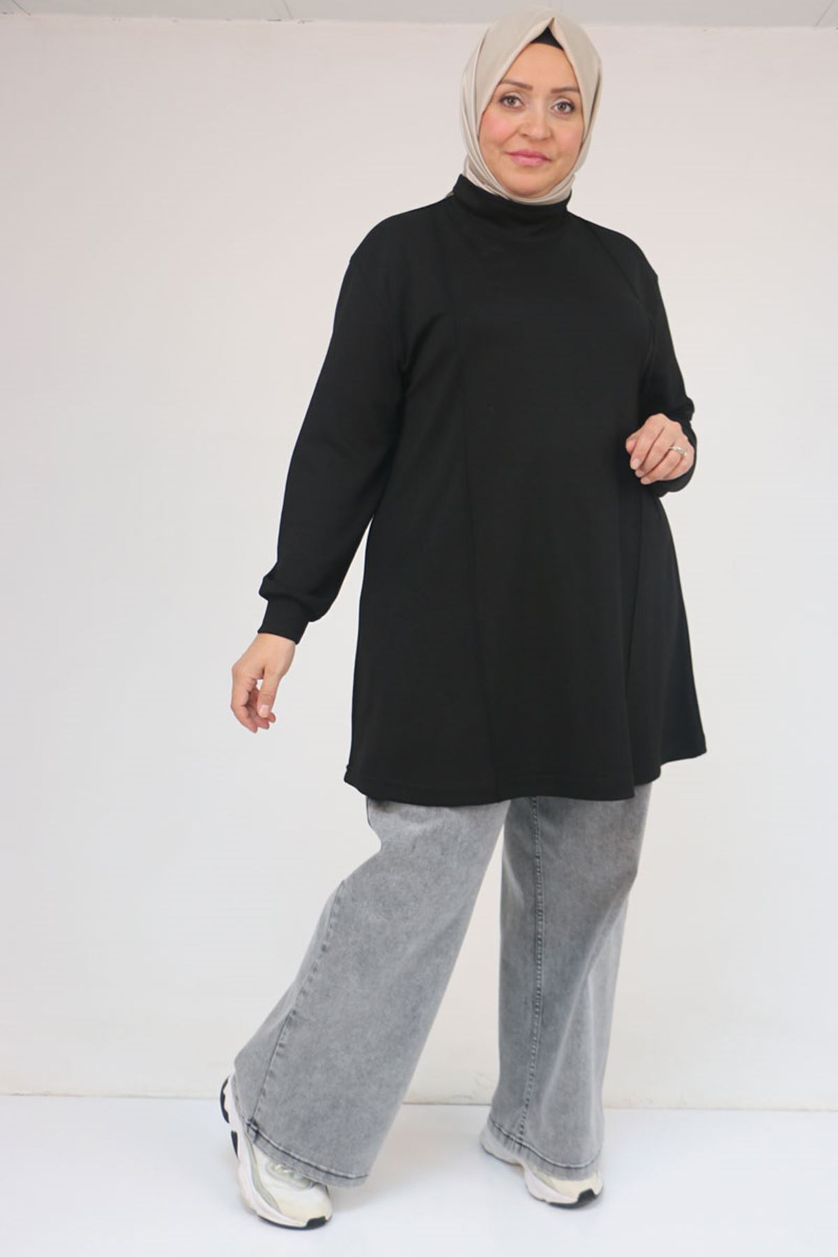 Eslina 58134 Büyük Beden Boğazlı Yaka Modal Tunik - Siyah