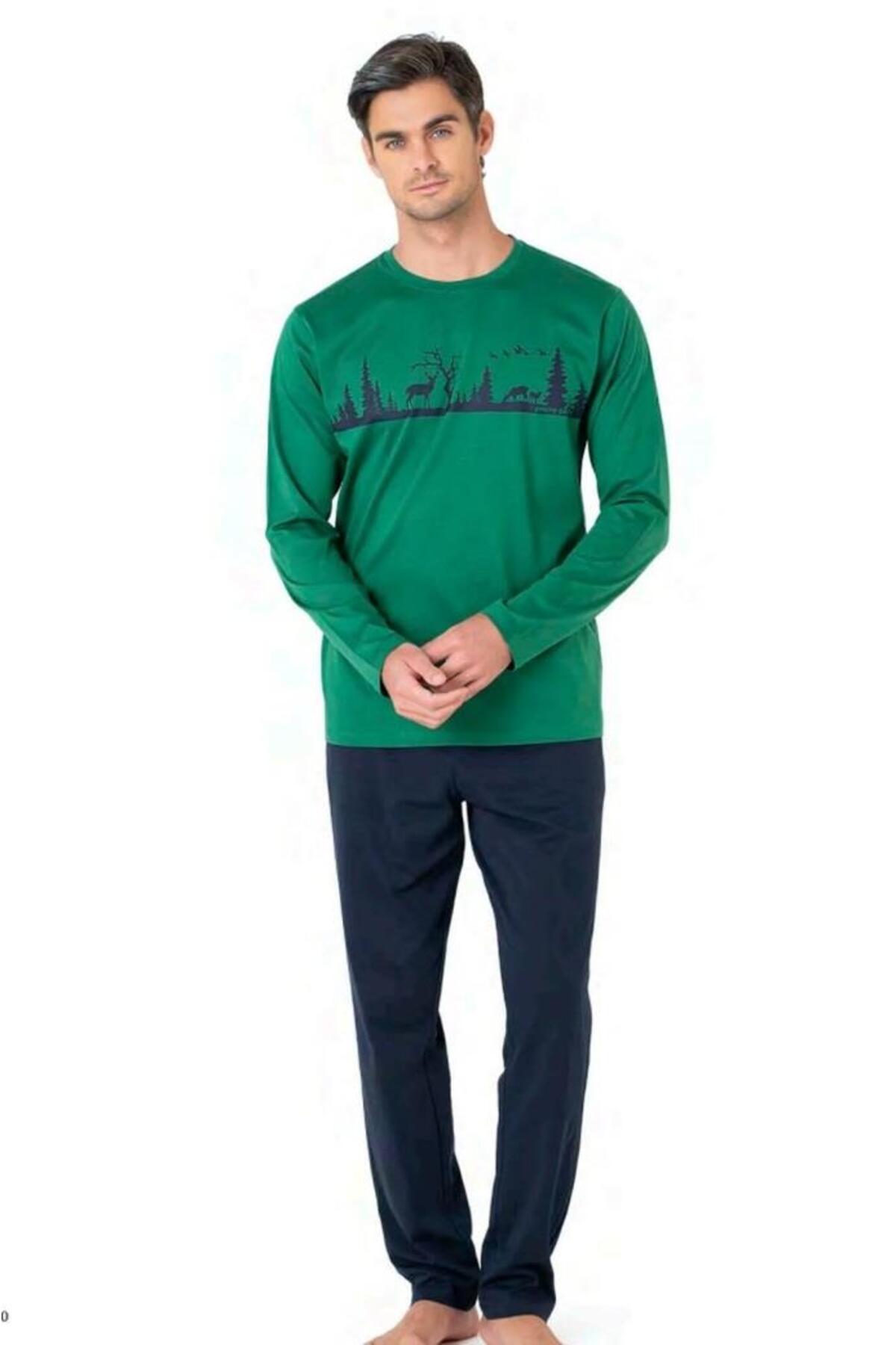 پیر کاردین ست لباس خواب مردانه یقه صفر طرح گوزن کاج ۶۱۰۴