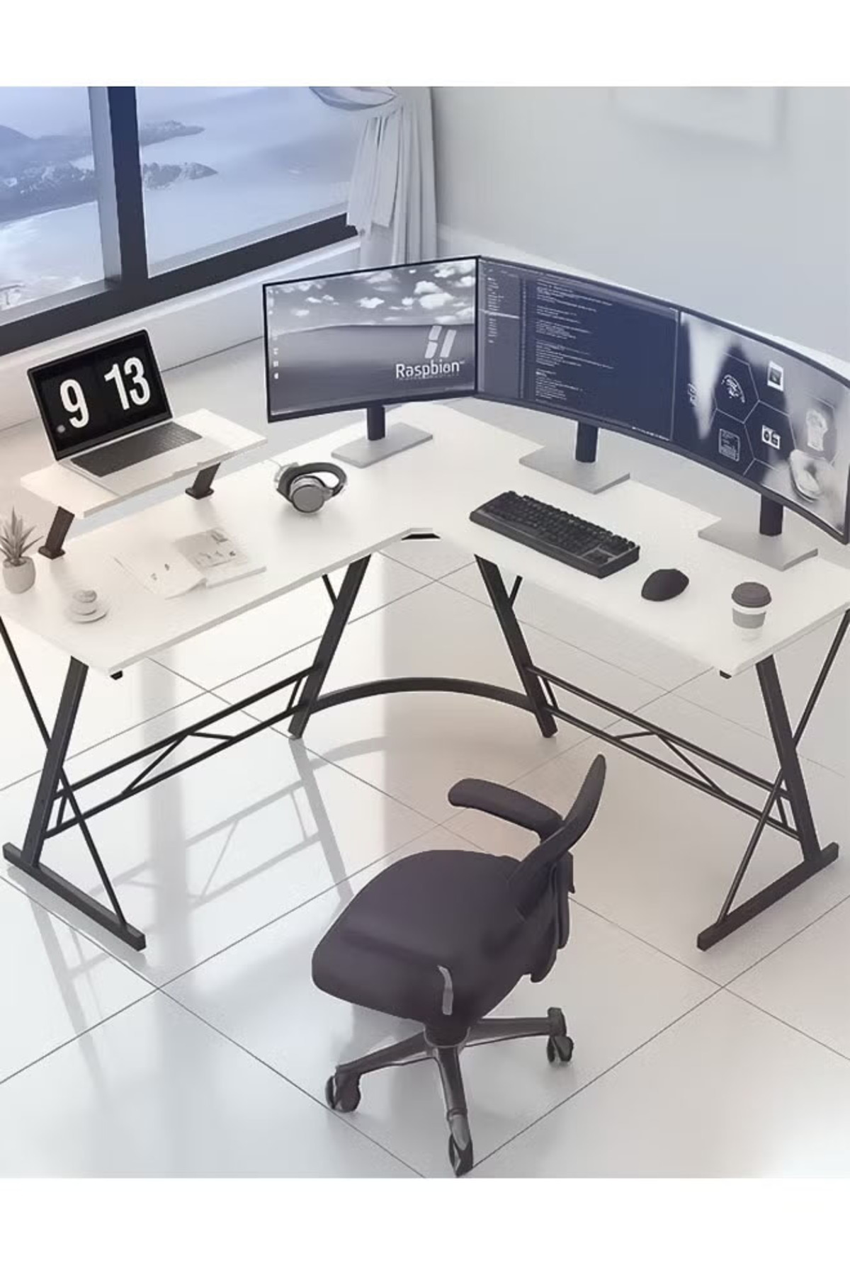 Computer game table for home in the shape of the letter L, 51 inches size, space-saving and easy to assemble
