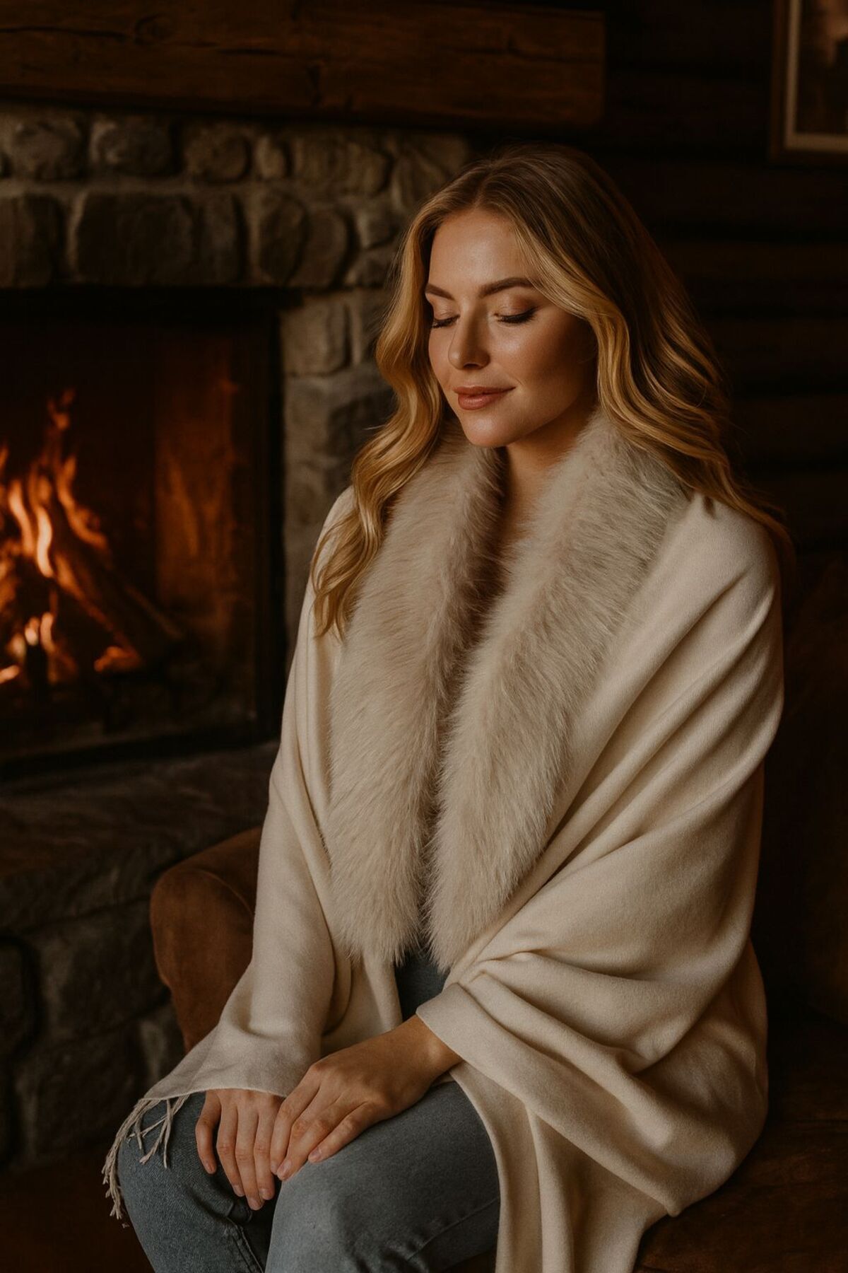 Axesoire 11293 Taş Renkli Kürklü Püsküllü Panço