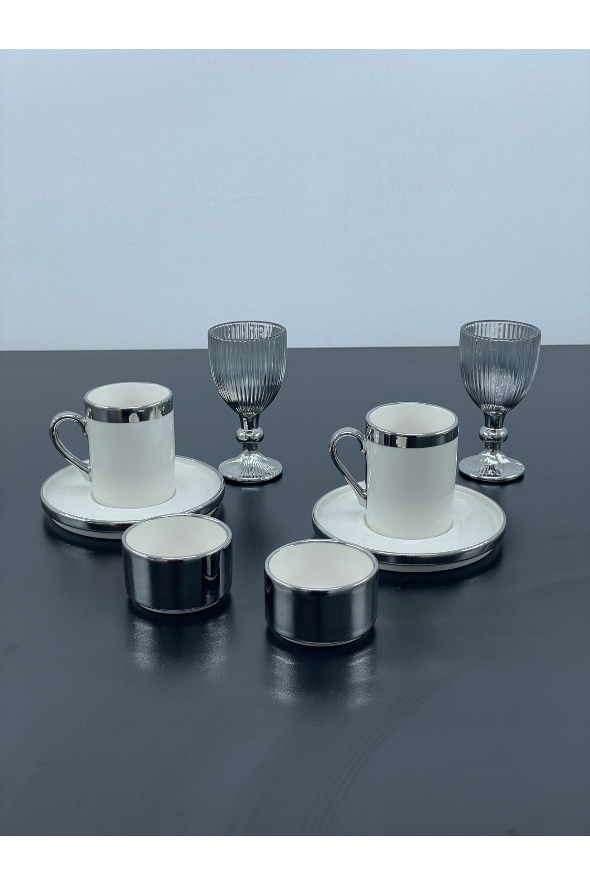 YzHome 2 Kişilik Porselen Platin Gümüş Fincan Takımı Seti ve 2 Porselen ...