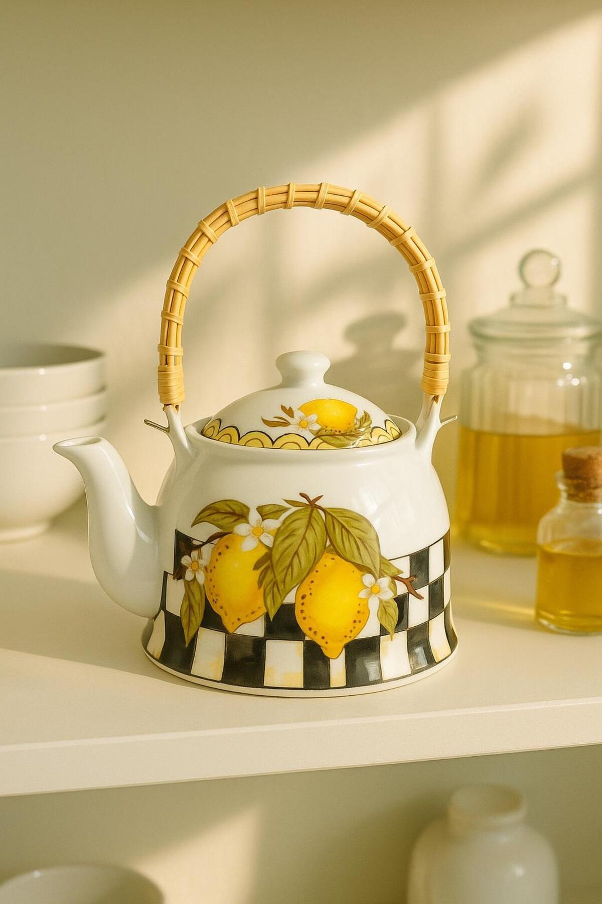 isra kristal Limon Desenli Damalı Porselen Demlik – Bambu Saplı, Şık Çay Demliği, Lüks Sunum için