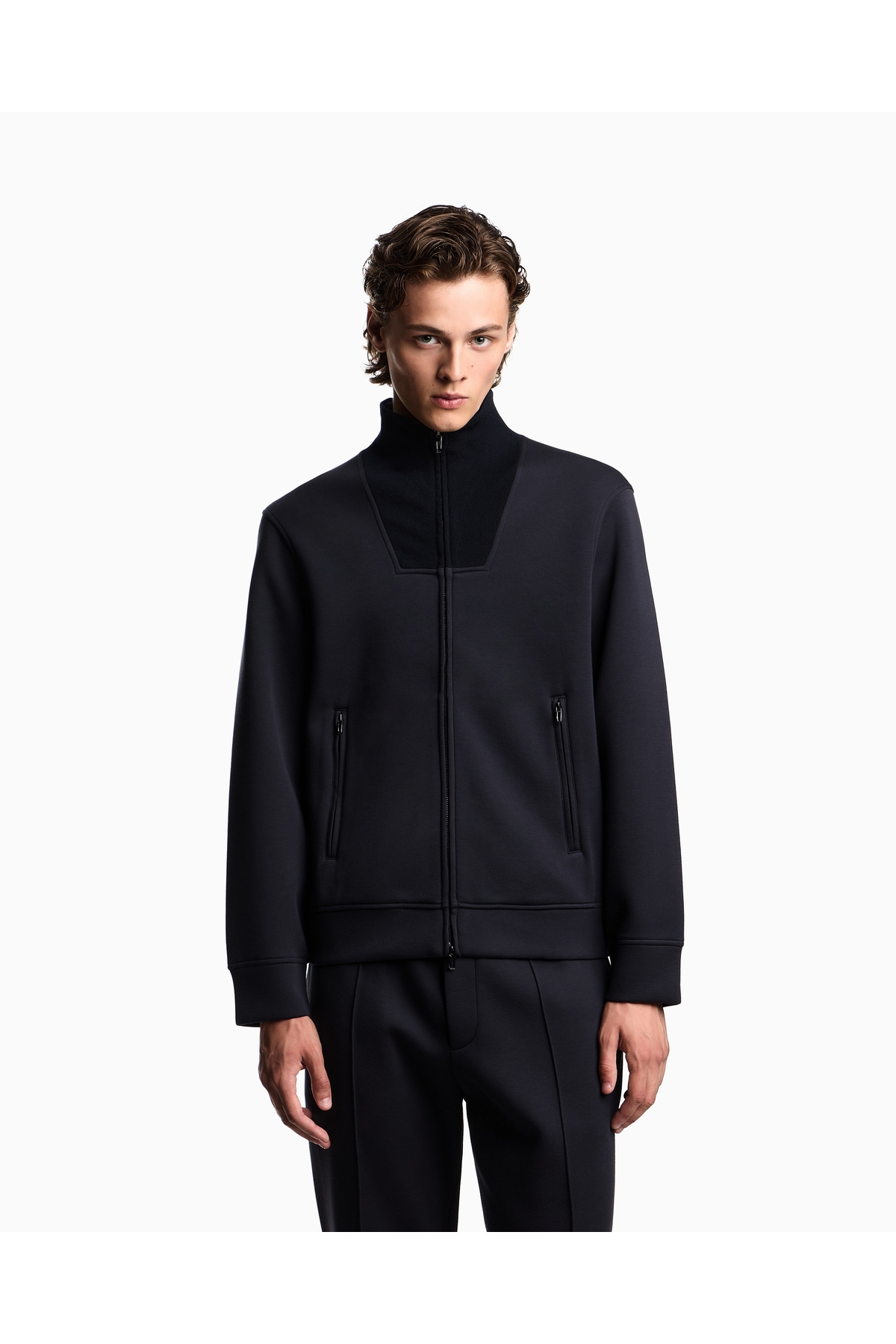 امپوریو آرمانی سویشرت مردانه یقه ایستاده، آستین بلند، زیپ‌دار، ۱۰۰٪ سرمه‌ای مودال، EM003053 AF17545-UB118