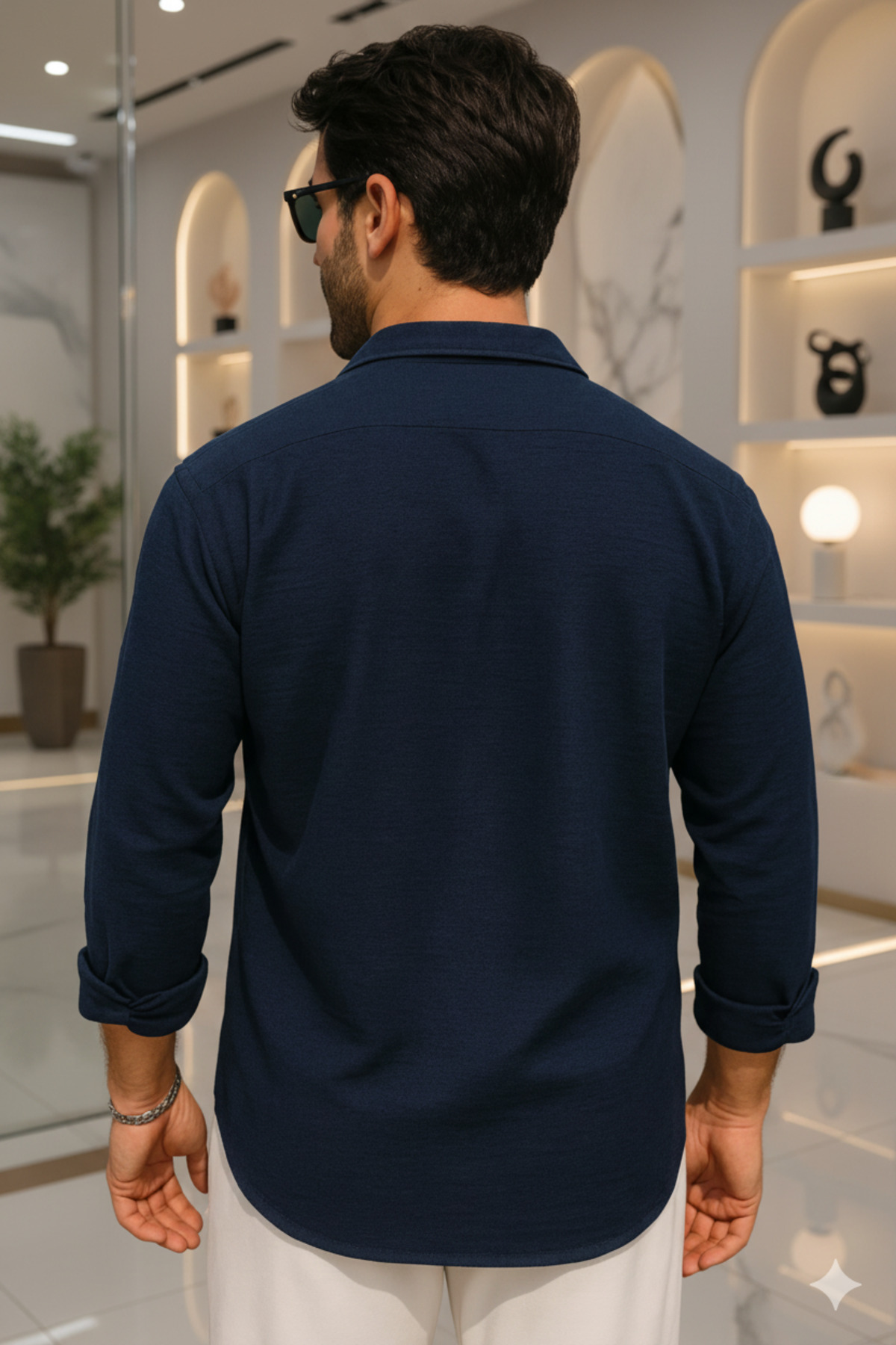 Mamlay  Yazlık Dokulu Lacivert Yarım Oversize Erkek Keten Gömlek - Görsel 5