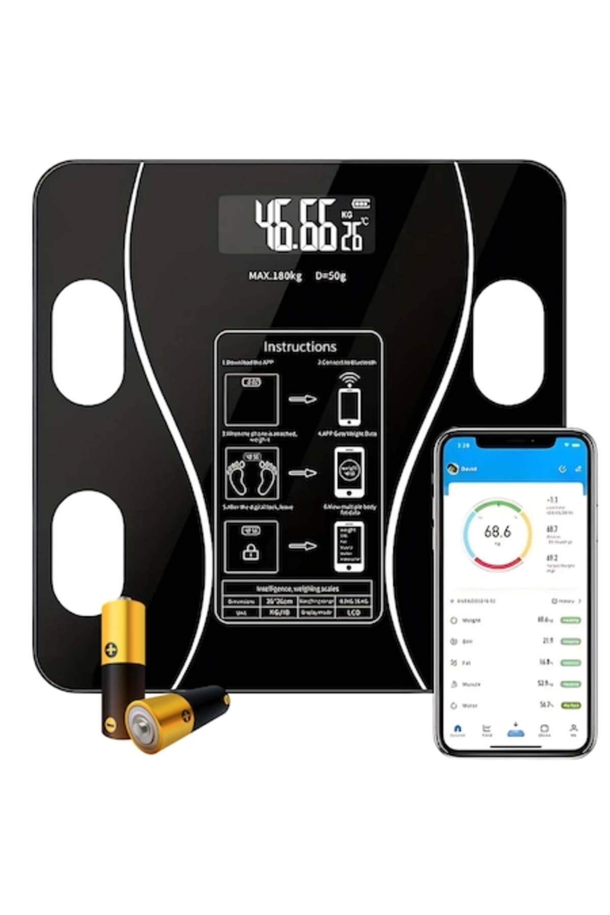 VELORA Έξυπνη ζυγαριά σώματος υψηλής ποιότητας με εφαρμογή, 180 kg, φωτιζόμεν...