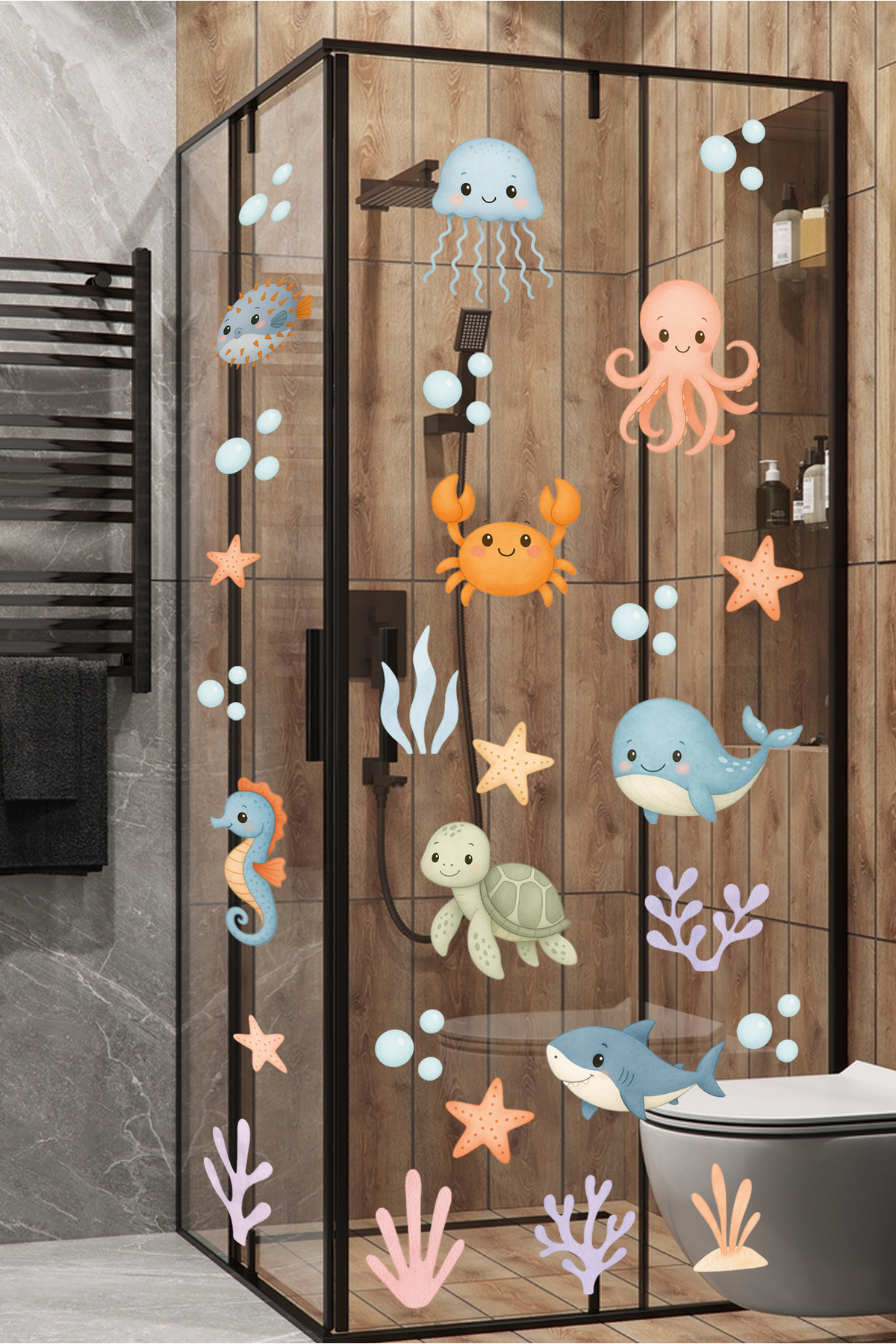 Sticker Sepetim Sevimli Pastel Deniz Canlıları Duşakabin ve Banyo Duvar Sticker Seti fotoğrafı 5 (önizleme)