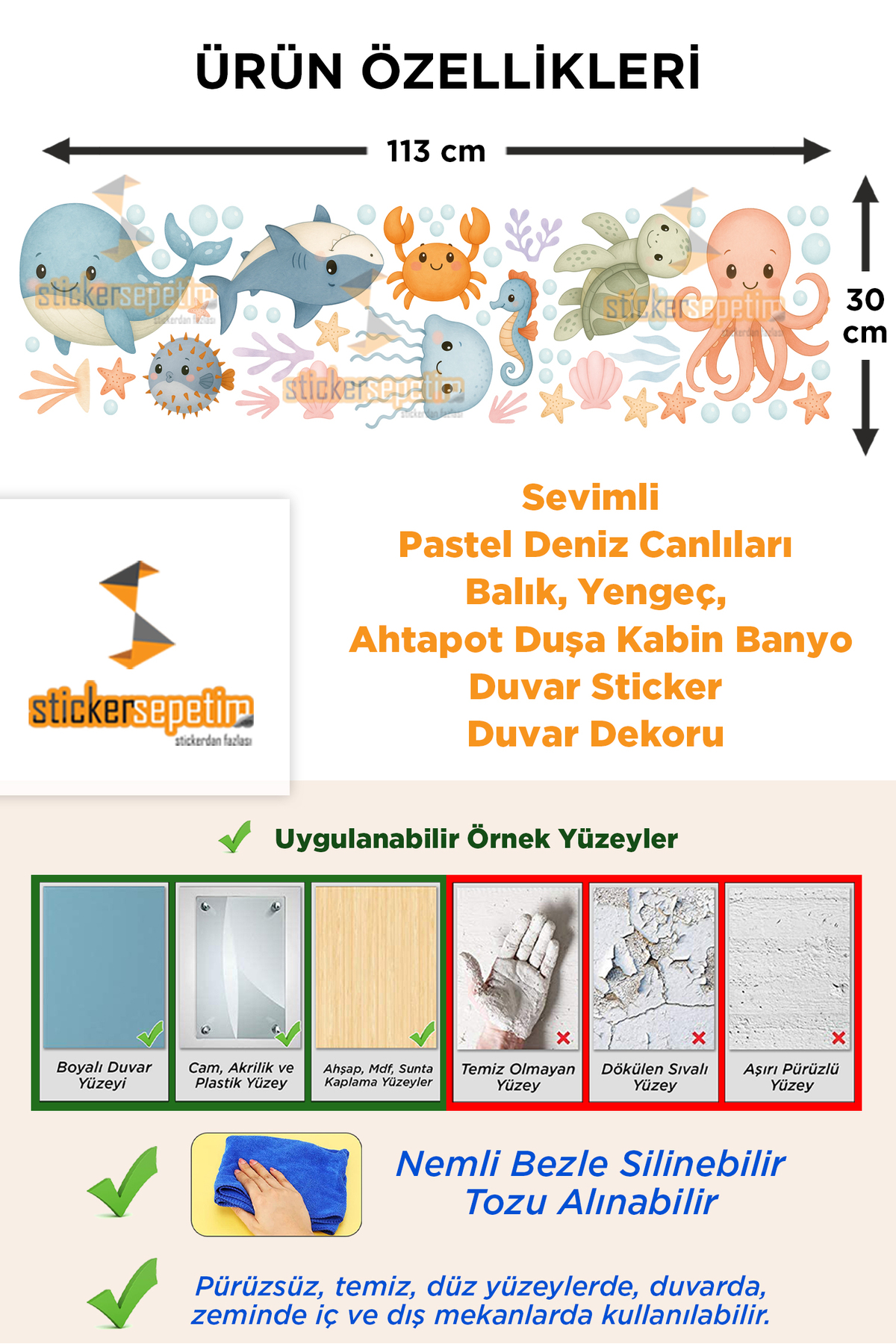 Sticker Sepetim Sevimli Pastel Deniz Canlıları Duşakabin ve Banyo Duvar Sticker Seti fotoğrafı 2 (önizleme)