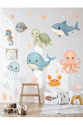 Sticker Sepetim Sevimli Pastel Deniz Canlıları Duşakabin ve Banyo Duvar Stick...