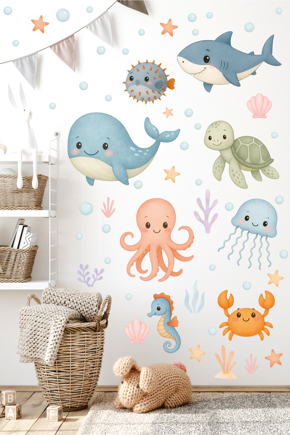 Sticker Sepetim Sevimli Pastel Deniz Canlıları Duşakabin ve Banyo Duvar Sticker Seti fotoğrafı 4 (önizleme)